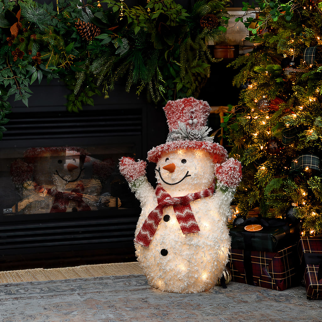 2Ft Lighted White Tinsel Frosted Snowman with Top Hat Outdoor Holiday Decoration