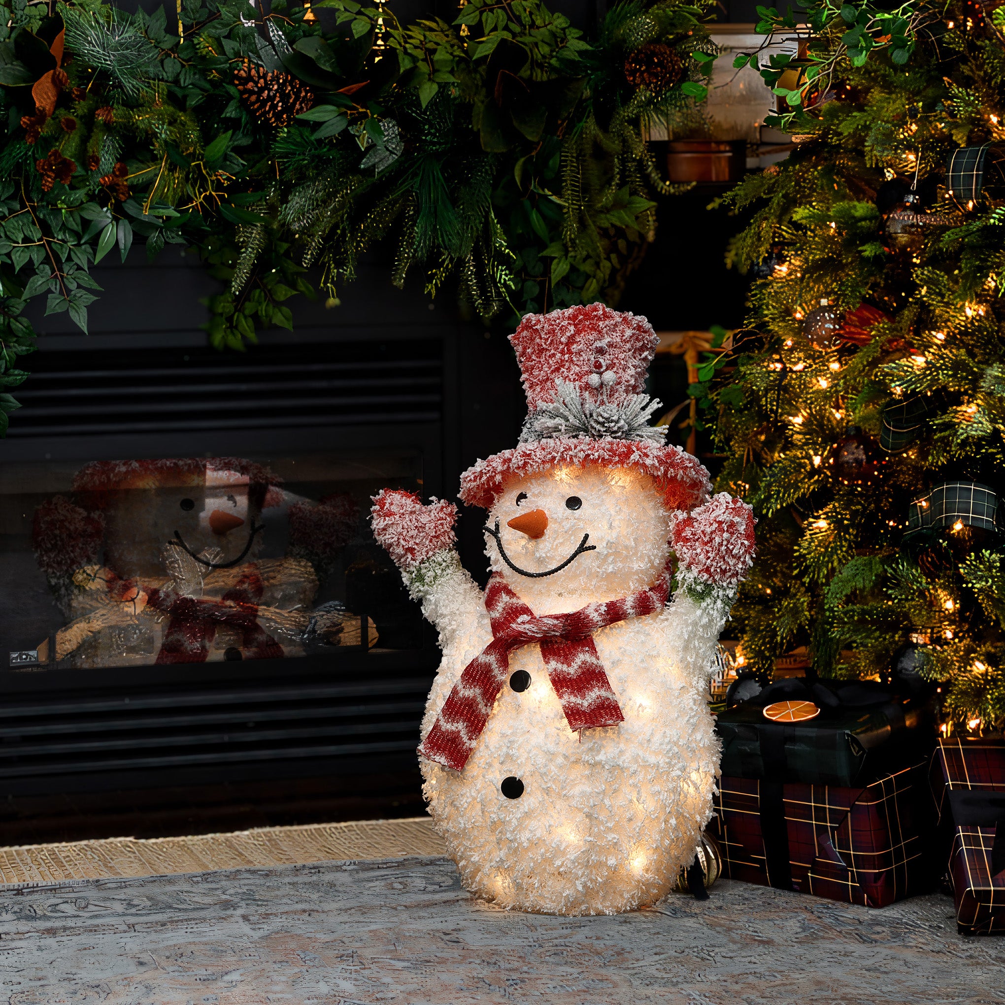 2Ft Lighted White Tinsel Frosted Snowman with Top Hat Outdoor Holiday Decoration
