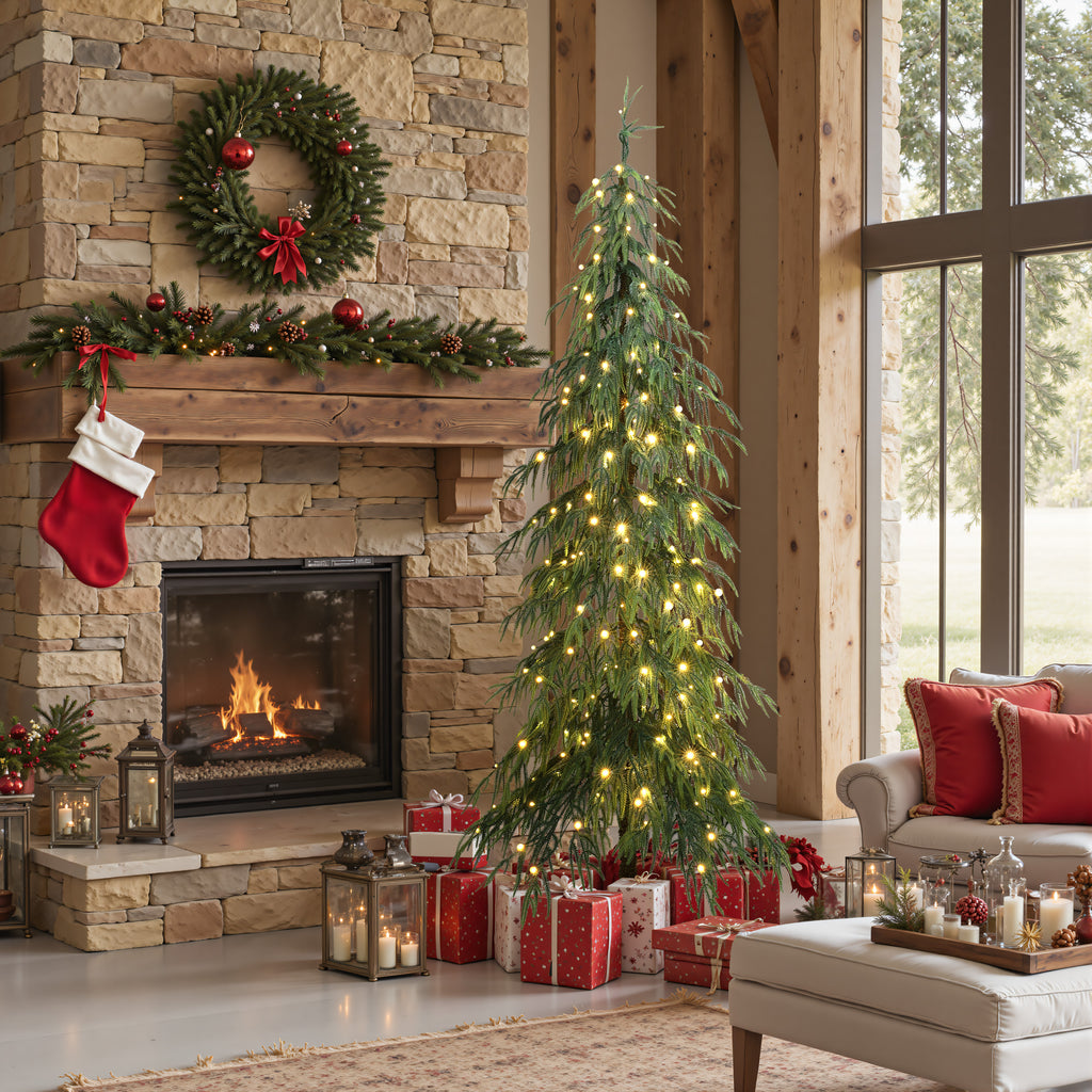 6.5Ft Pre-Lit Slim Artificial Cedar Christmas Tree with Metal Stand