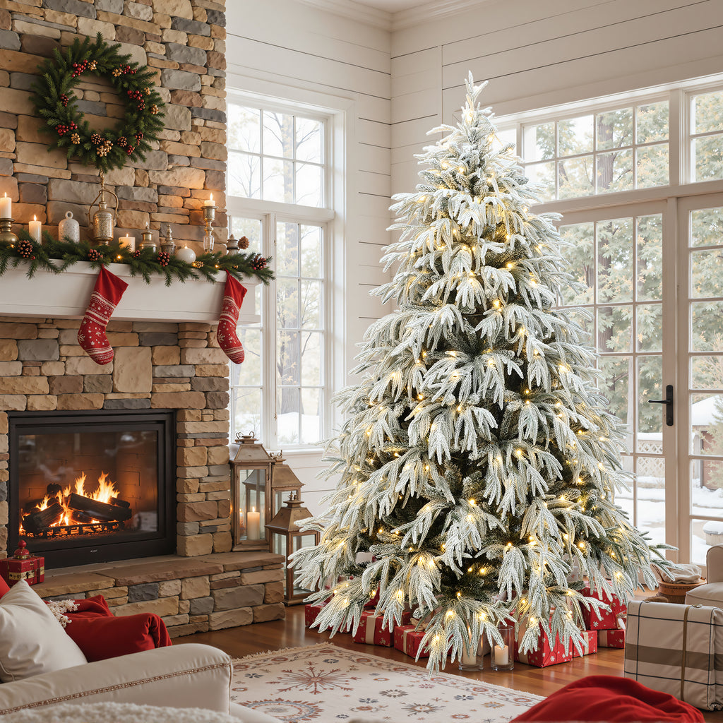 6.5Ft Pre-Lit Mixed Snowy Branches Artificial Christmas Tree with Metal Stand