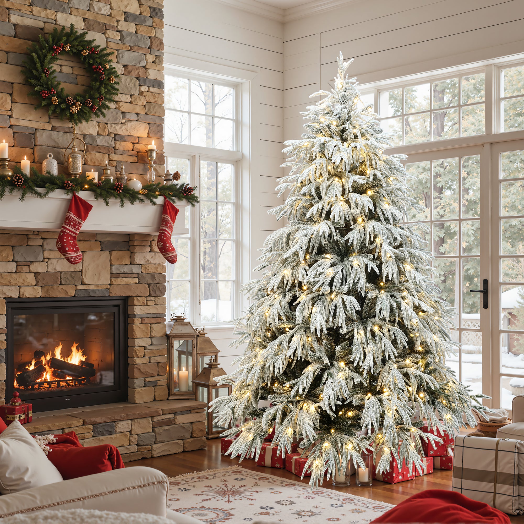 6.5Ft Pre-Lit Mixed Snowy Branches Artificial Christmas Tree with Metal Stand