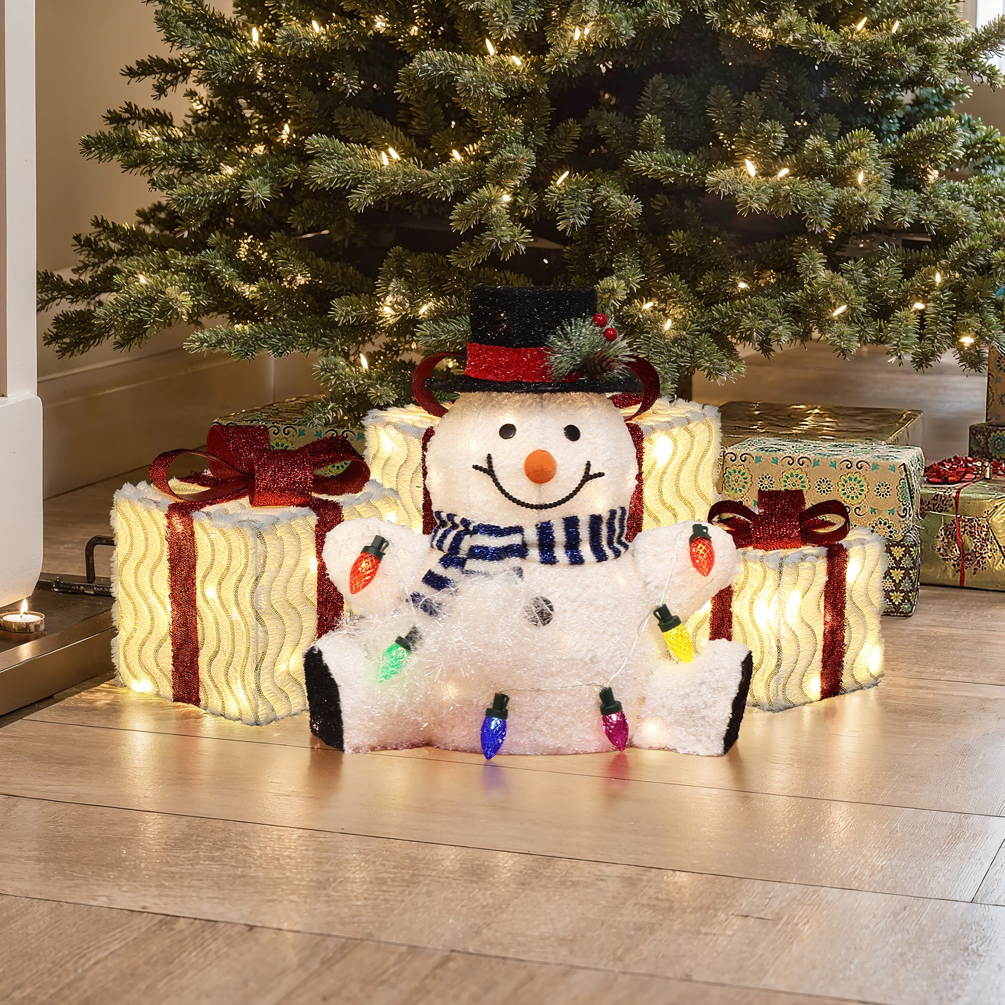 1.25Ft Jolly Snowman with Black Tophat Outdoor Holiday Decoration with Lights
