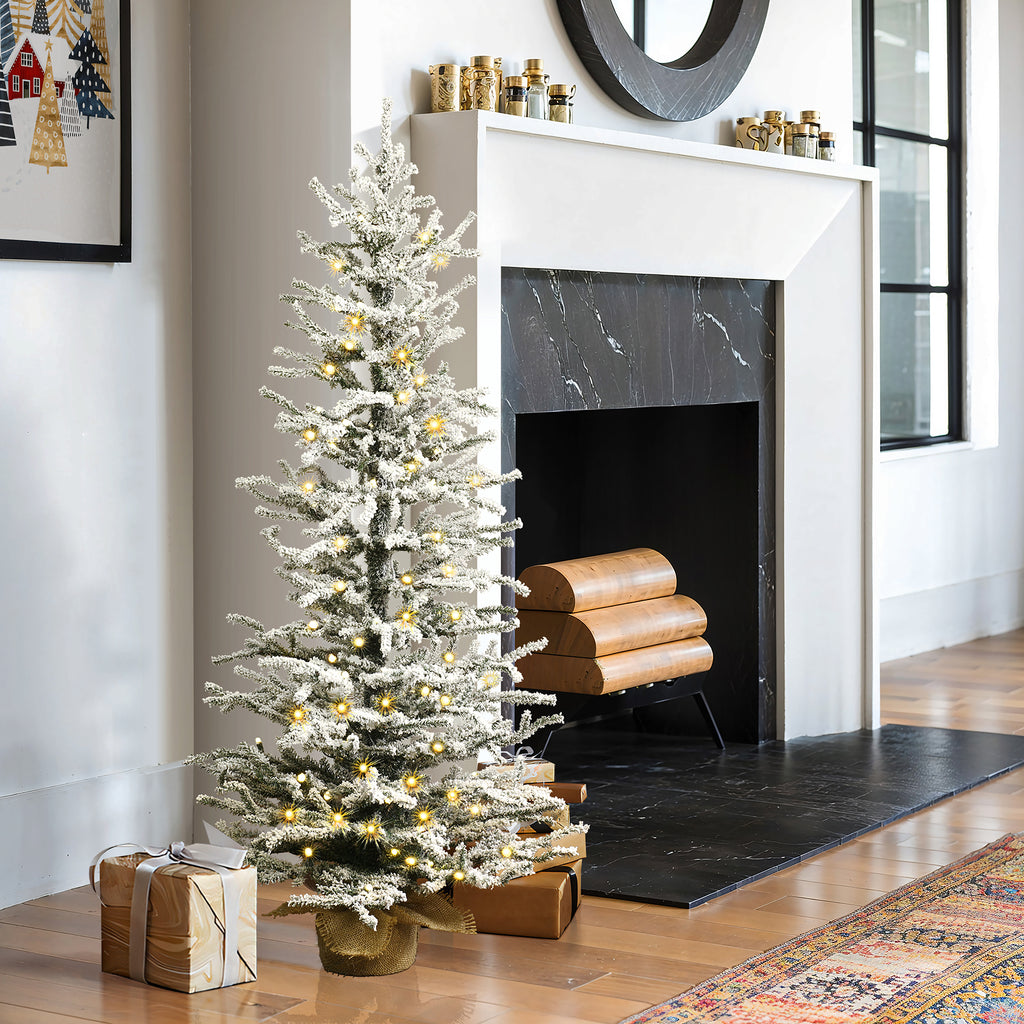 4Ft Pre-Lit Snow-Flocked Artificial Christmas Tree in Burlap Base
