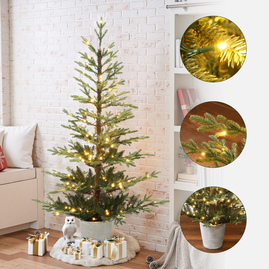 5.5Ft Pre-Lit Green Artificial Fir Christmas Tree with Round Planter Pot