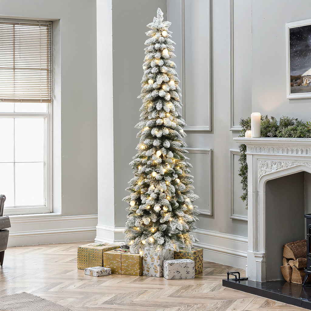 7Ft Pre-Lit Flocked Pencil Artificial Christmas Tree with Metal Base
