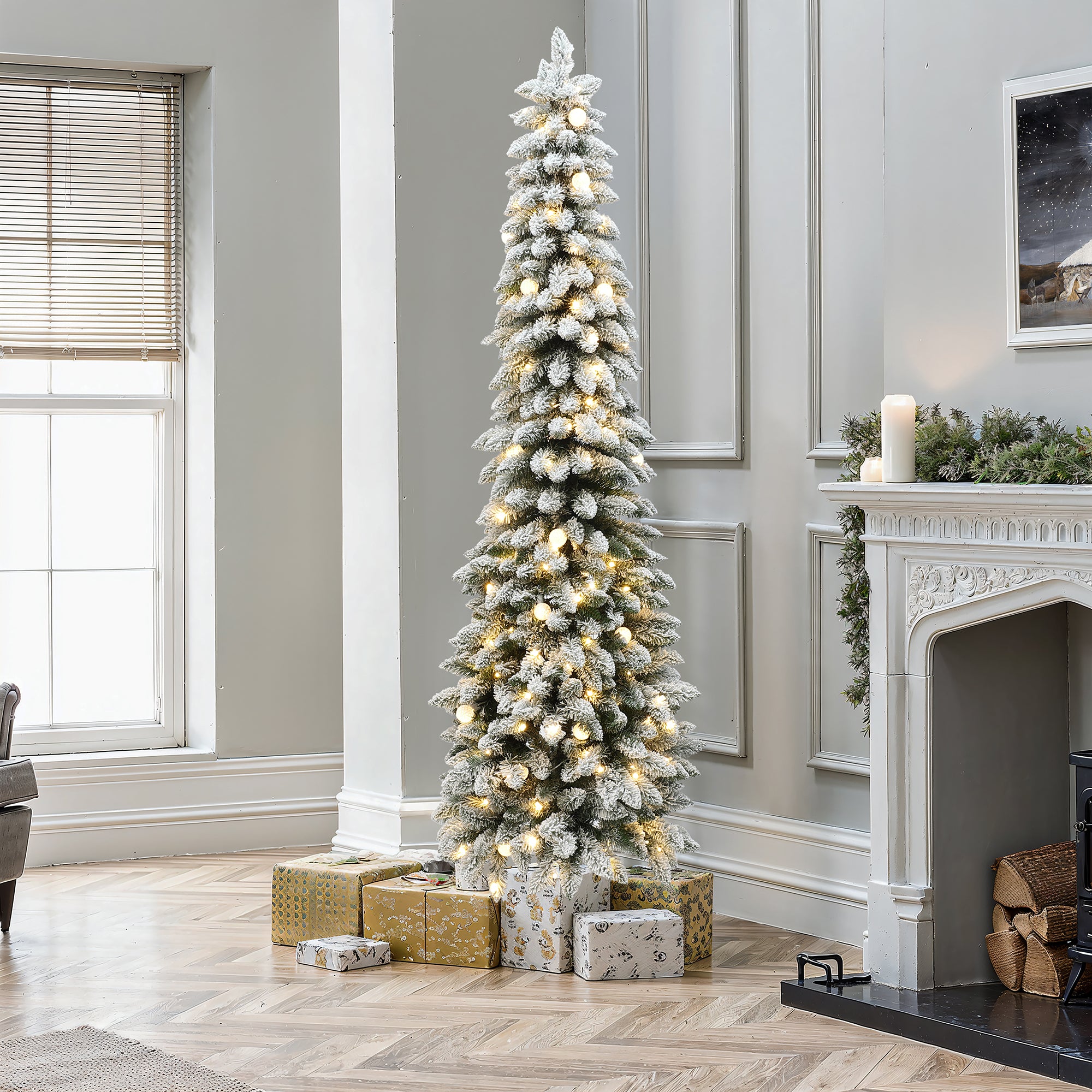 7Ft Pre-Lit Flocked Pencil Artificial Christmas Tree with Metal Base