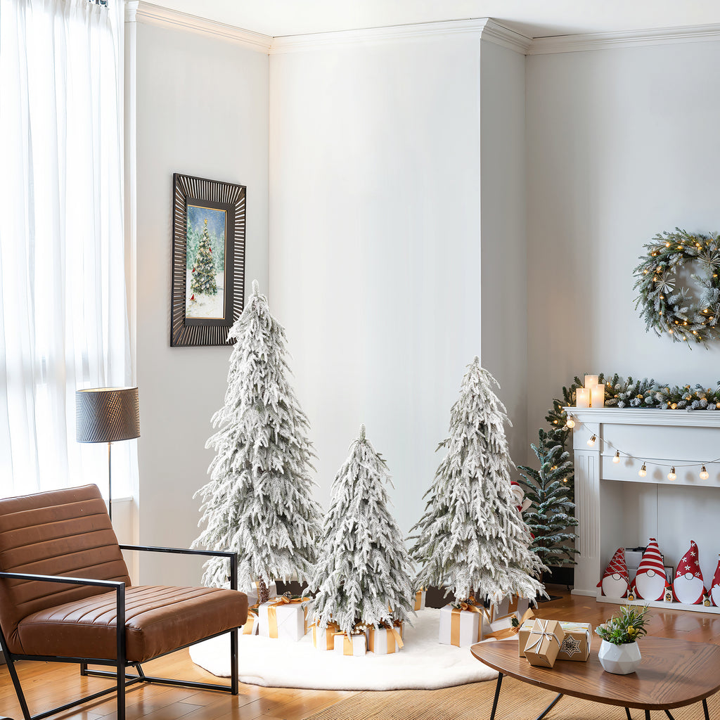 Set of 3 3Ft, 4Ft, and 5Ft Artifical Snow-Flocked Cedar Christmas Trees