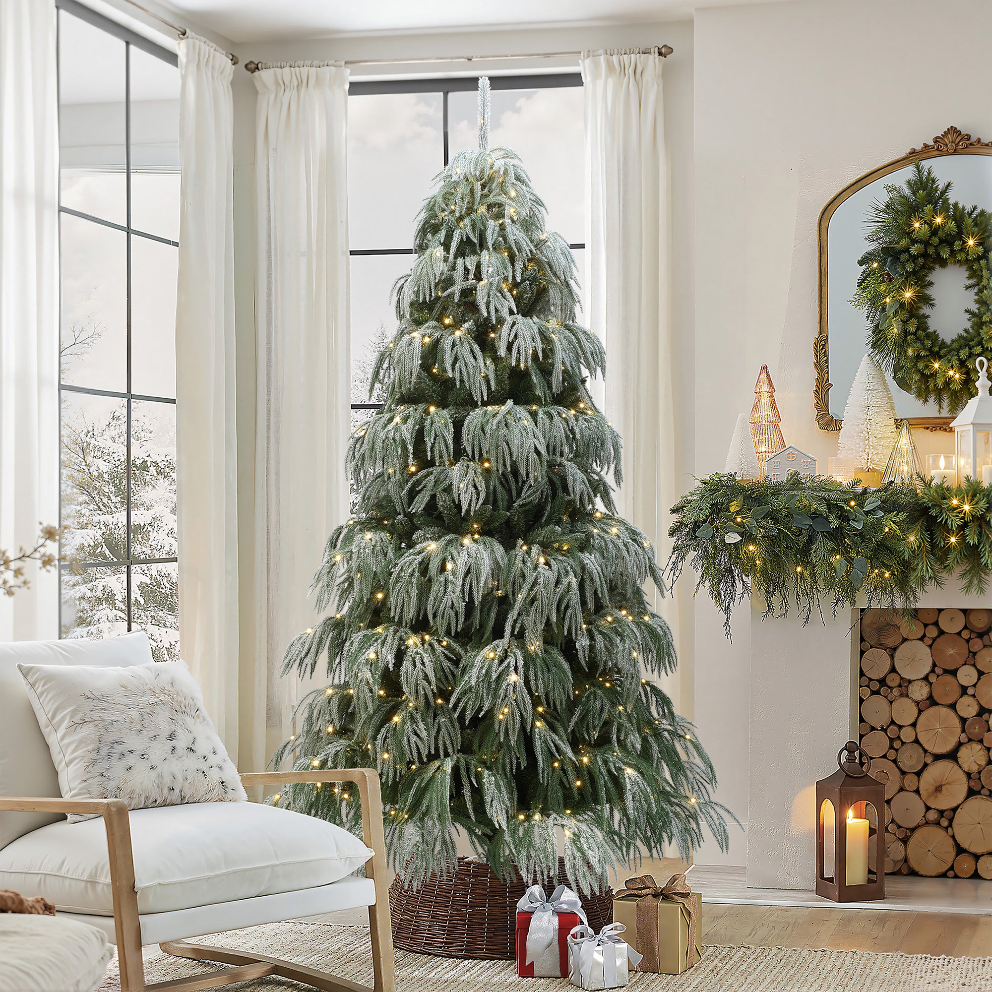 7Ft Flocked Downswept Branches Artificial Christmas Tree with Multi-Color Lights