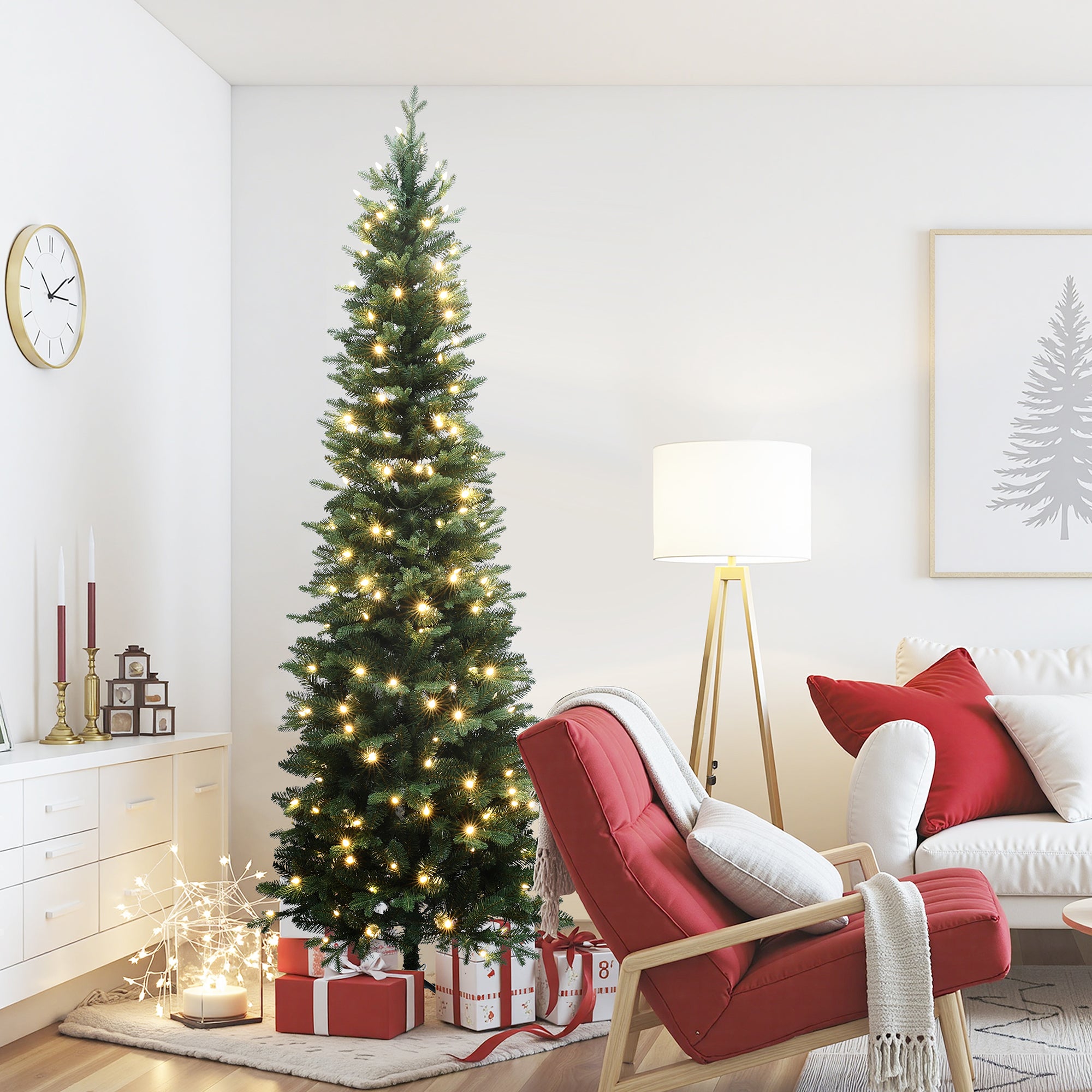 7Ft Pre-Lit Green Artificial Slim Christmas Tree with Metal Stand