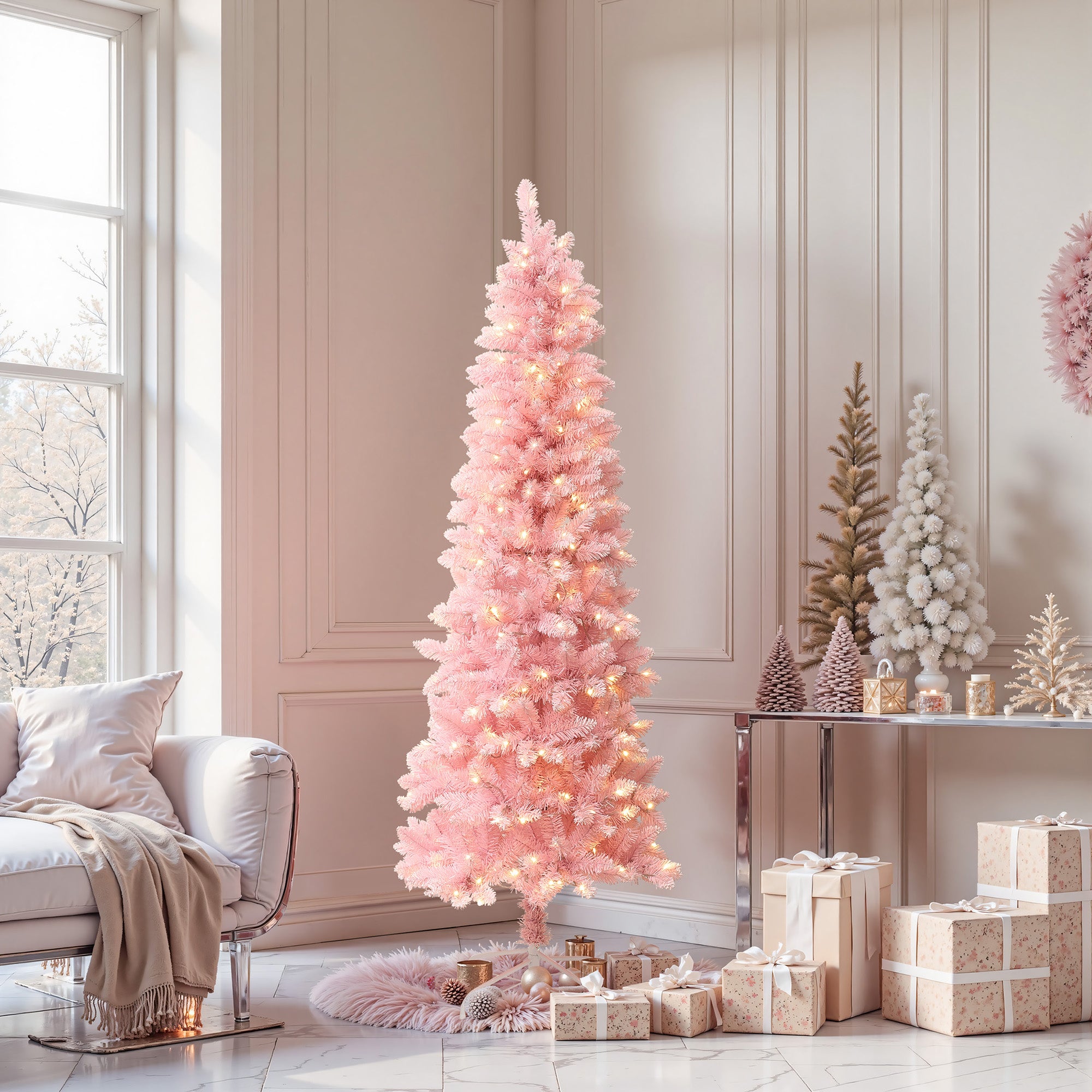 6Ft Pink Pencil Artificial Tree with Warm White Lights and 8 Light Functions