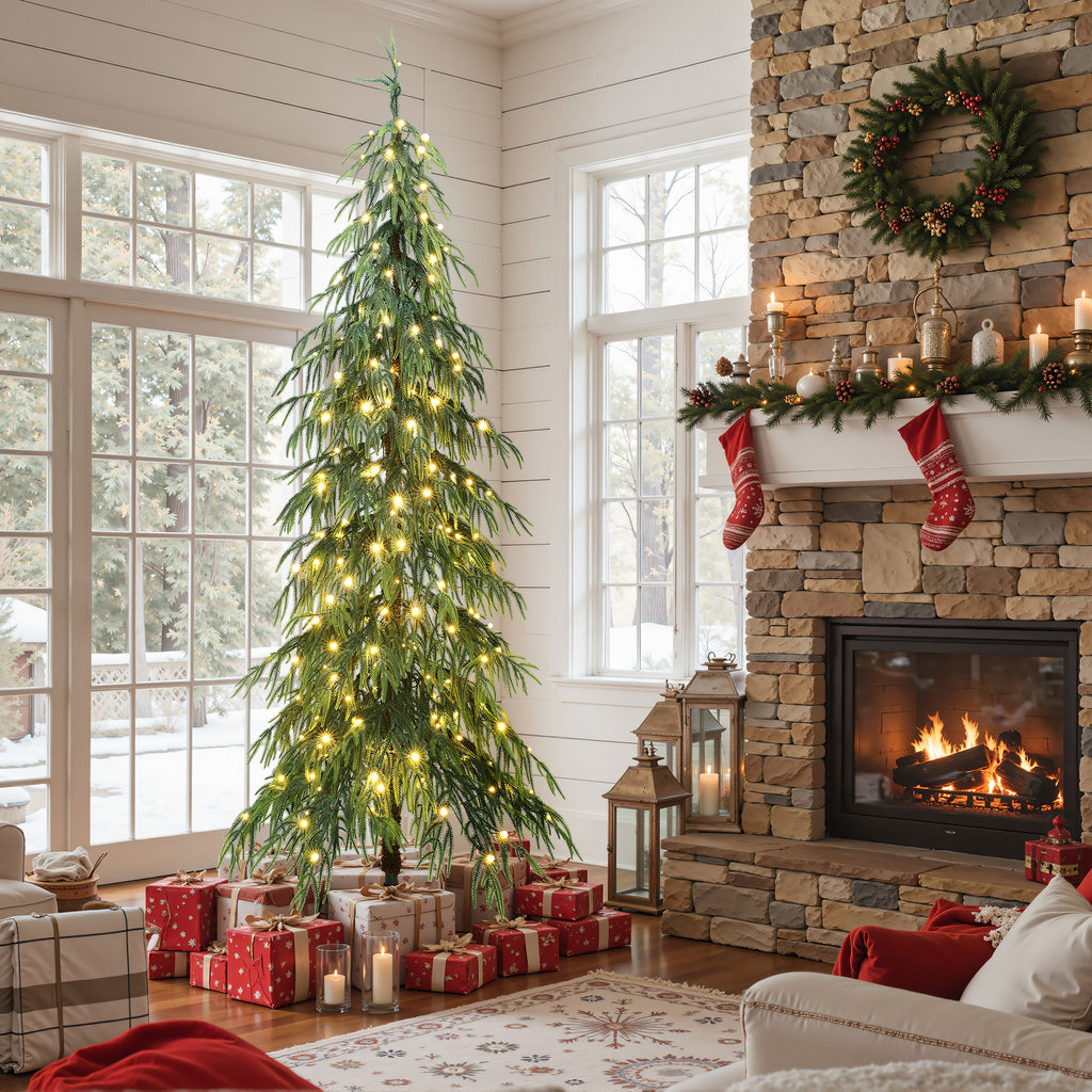 7.5Ft Pre-Lit Slim Artificial Cedar Christmas Tree with Metal Stand
