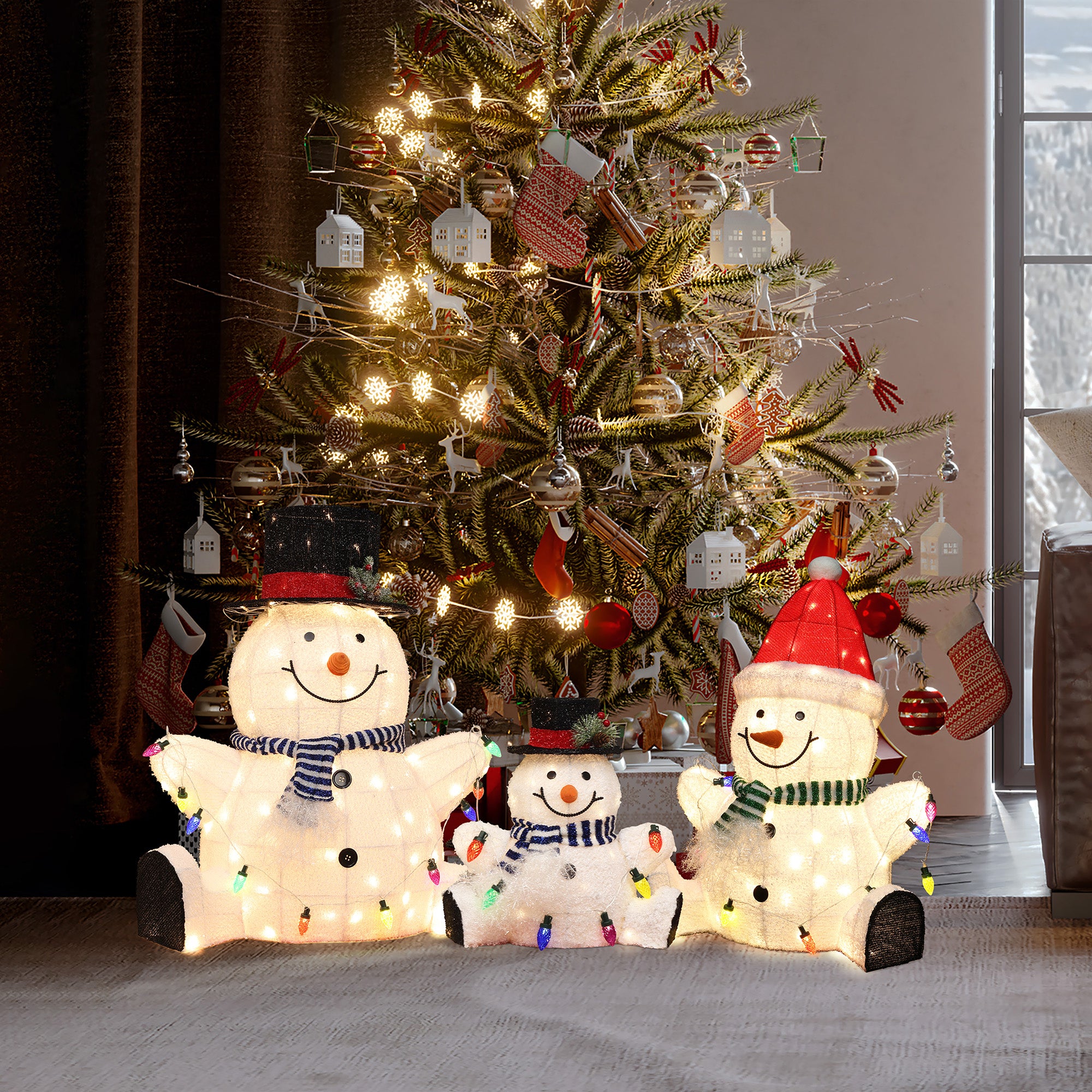 1.25Ft Jolly Snowman with Black Tophat Outdoor Holiday Decoration with Lights