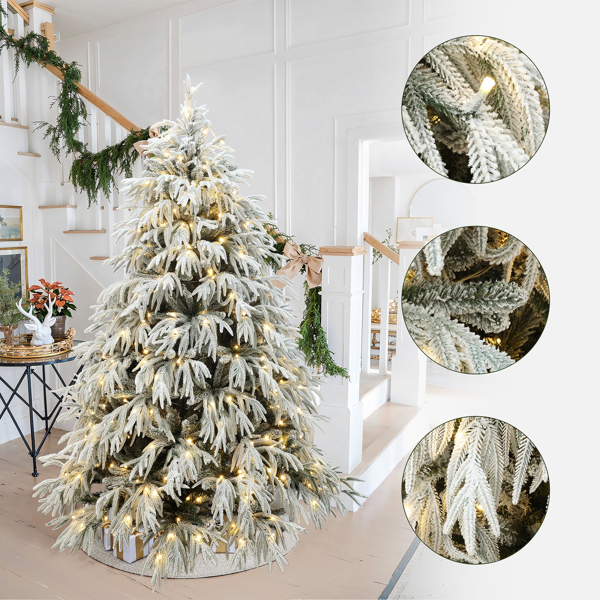 6.5Ft Pre-Lit Mixed Snowy Branches Artificial Christmas Tree with Metal Stand