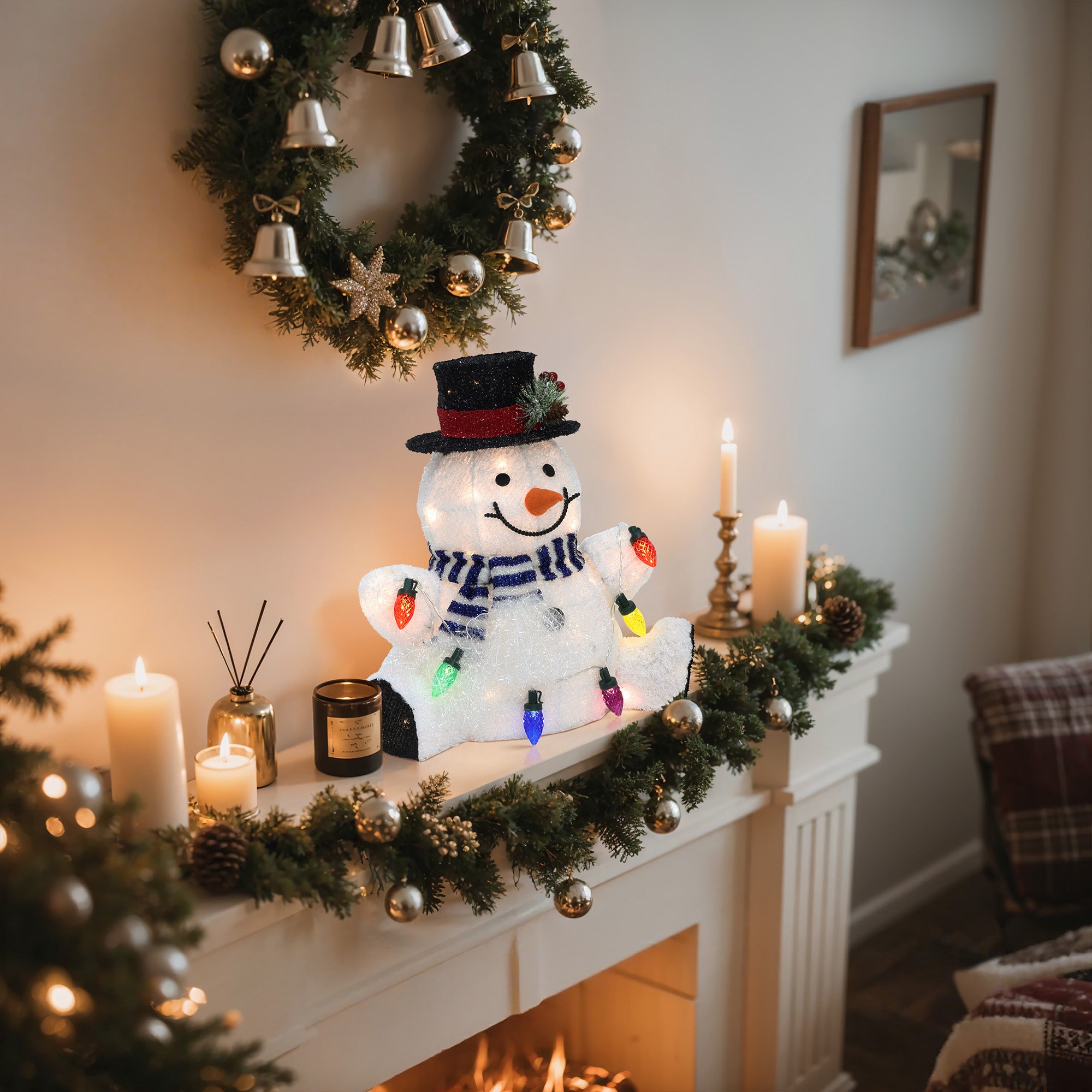1.25Ft Jolly Snowman with Black Tophat Outdoor Holiday Decoration with Lights