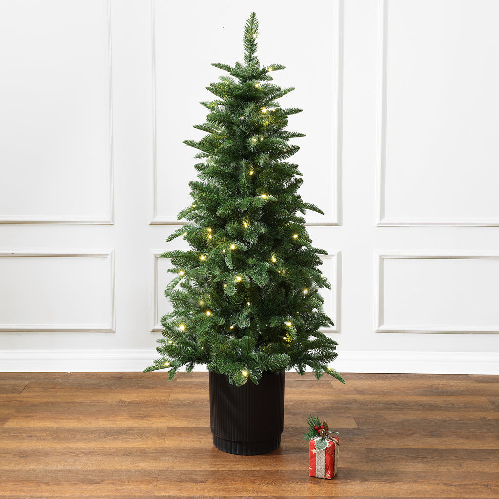 Pre-Lit Artificial Christmas Tree with Warm LED Lights – Dense Green Pine Needles, Black Pot, Easy Setup