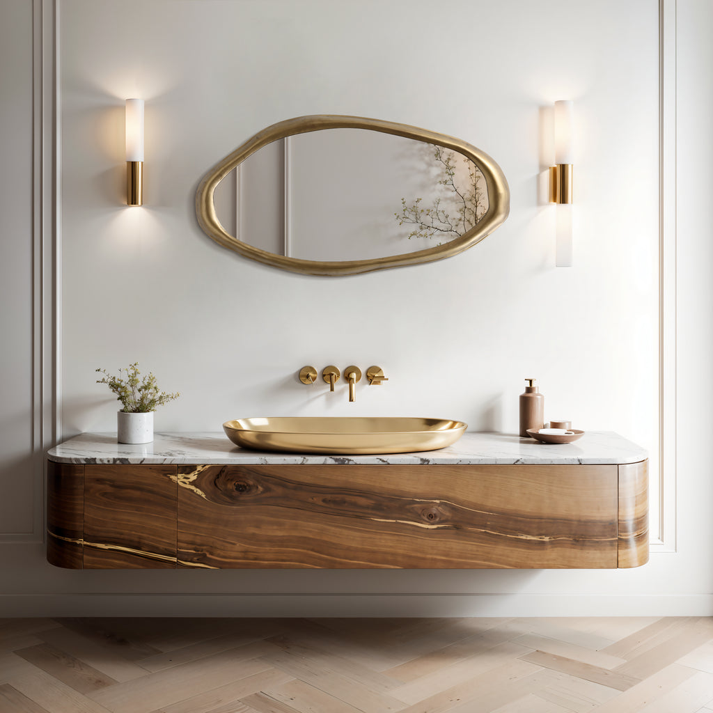 Wall Mirror with Curved Frame, Aged Gold, Modern Accent Decor, 29.5"x15.25"