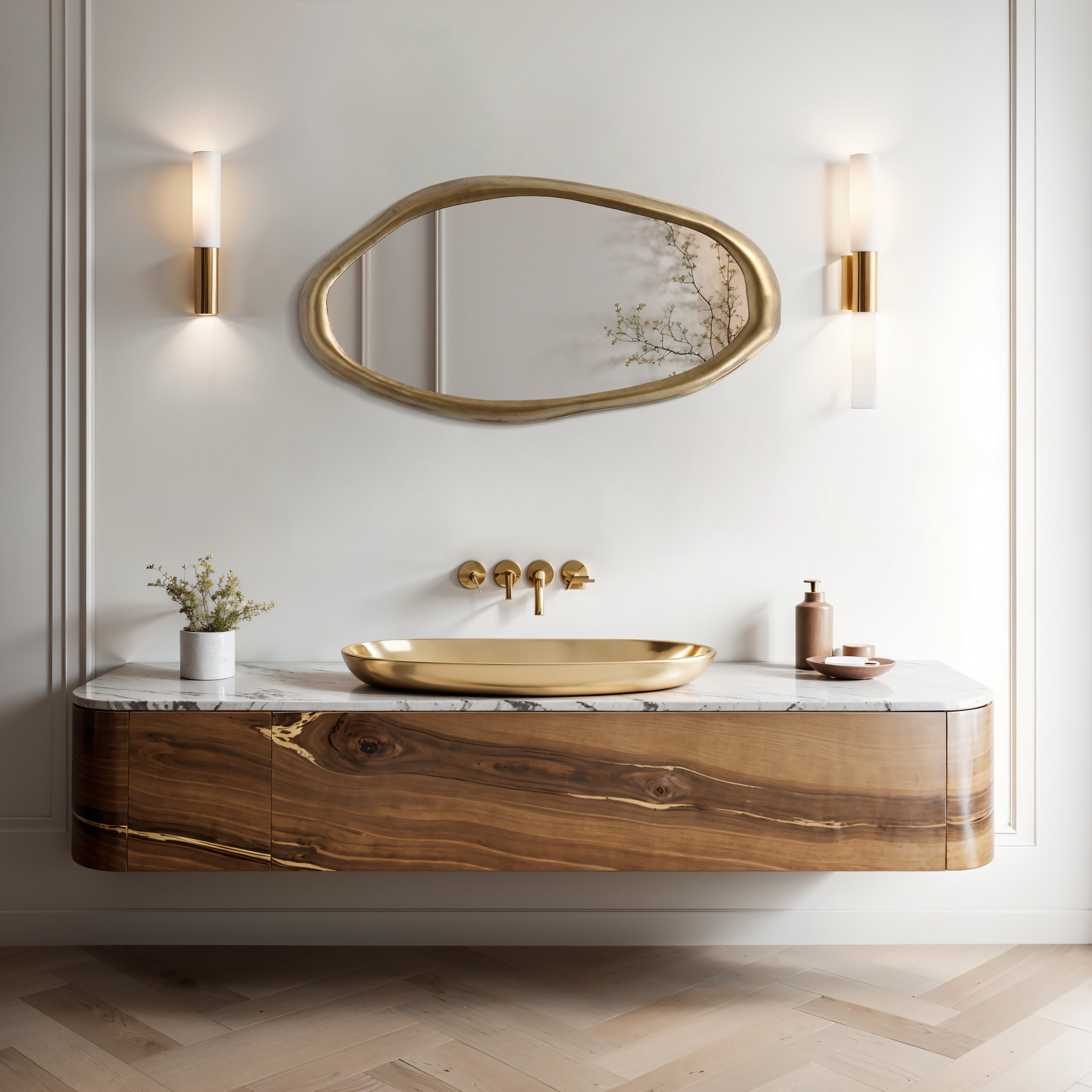 Wall Mirror with Curved Frame, Aged Gold, Modern Accent Decor, 29.5"x15.25"
