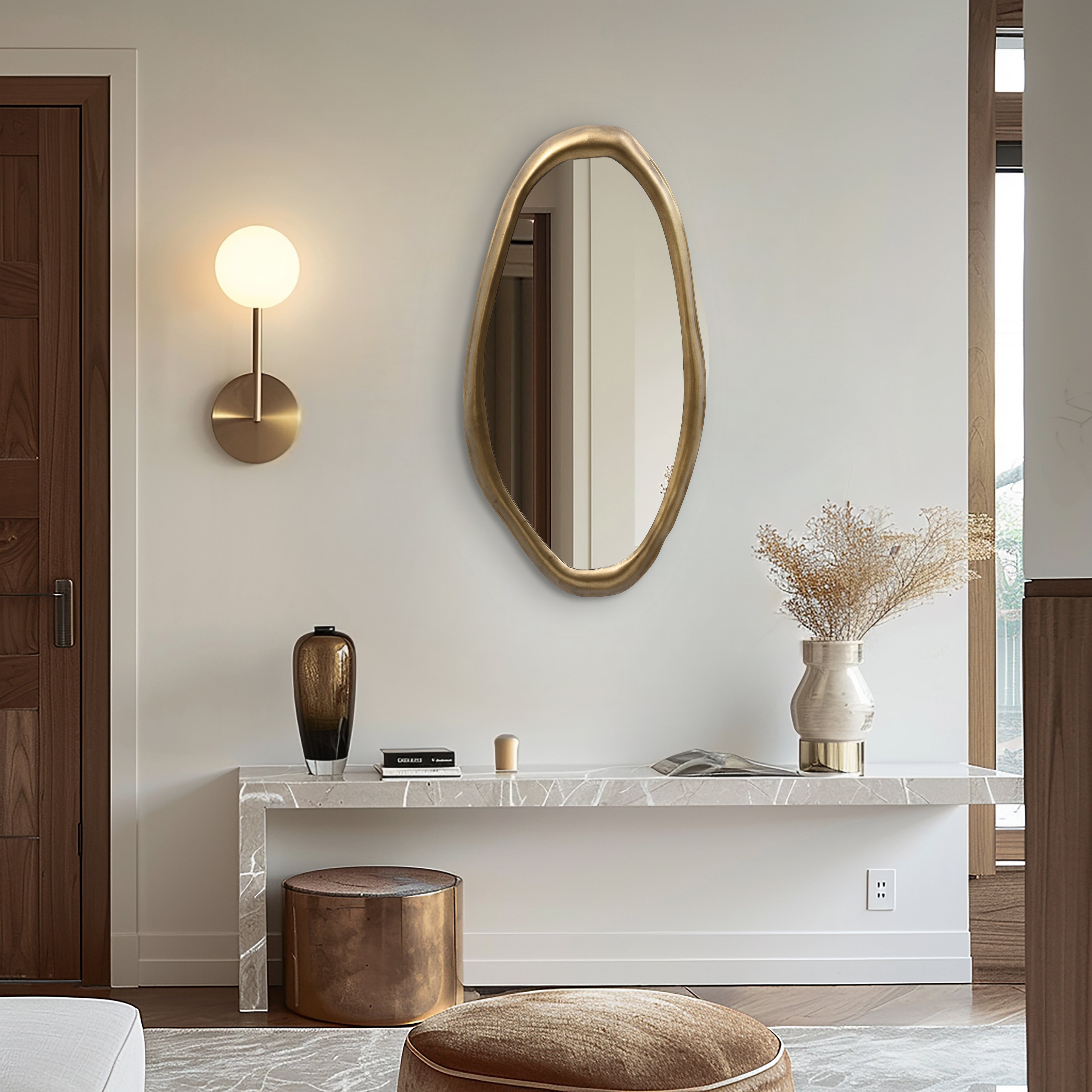 Wall Mirror with Curved Frame, Aged Gold, Modern Accent Decor, 29.5"x15.25"
