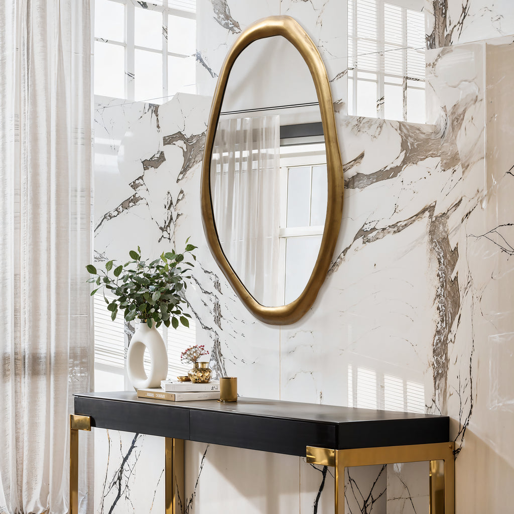 Wall Mirror with Curved Frame, Aged Gold, Modern Accent Decor, 29.5"x15.25"