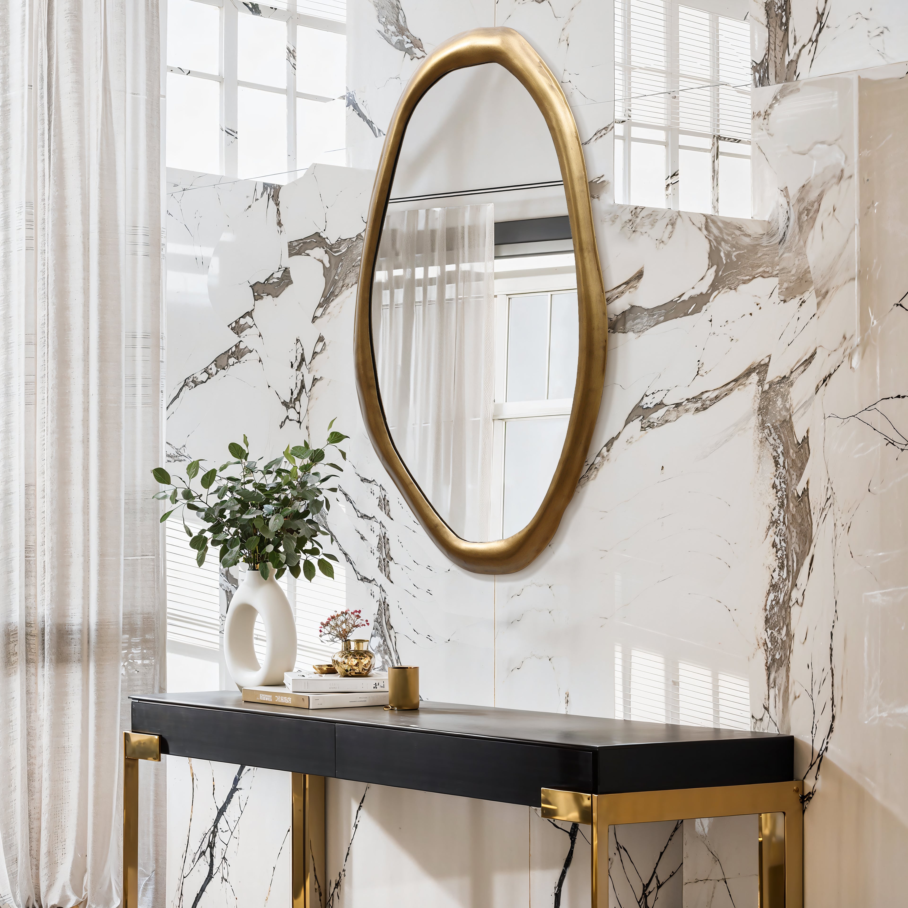 Wall Mirror with Curved Frame, Aged Gold, Modern Accent Decor, 29.5"x15.25"