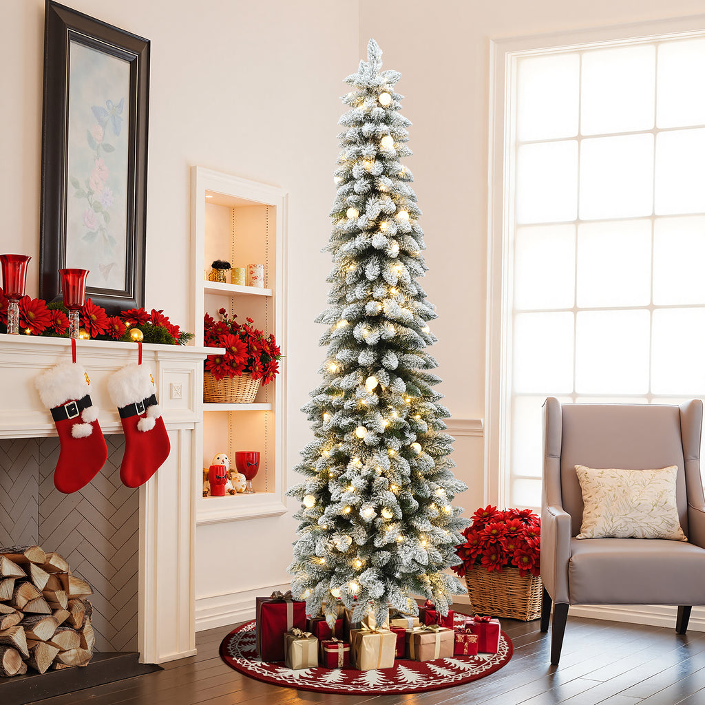 7Ft Pre-Lit Flocked Pencil Artificial Christmas Tree with Metal Base