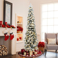 7Ft Pre-Lit Flocked Pencil Artificial Christmas Tree with Metal Base
