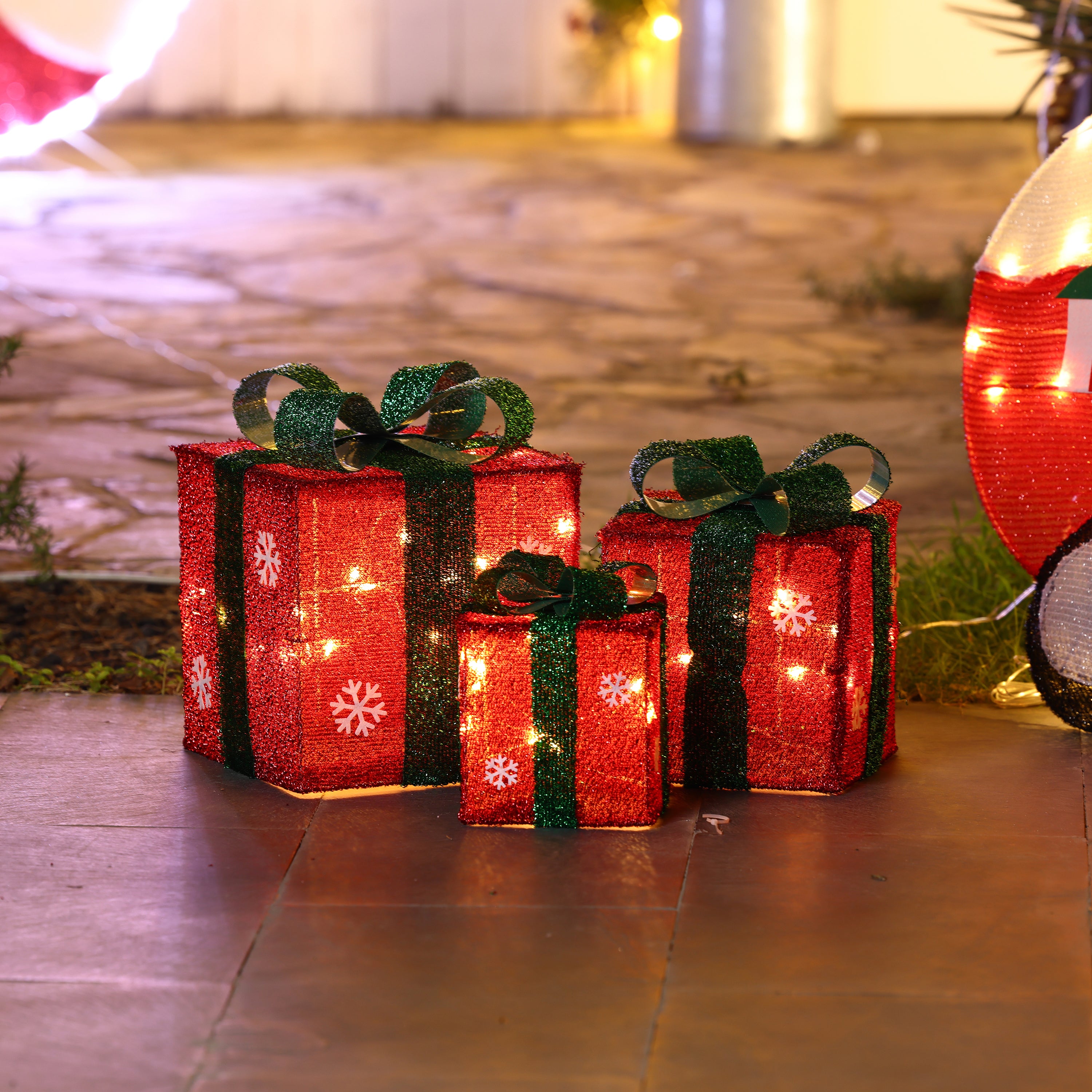 Set of 3 Red and Green Gift Boxes with Bows Lighted Christmas Yard Decoration