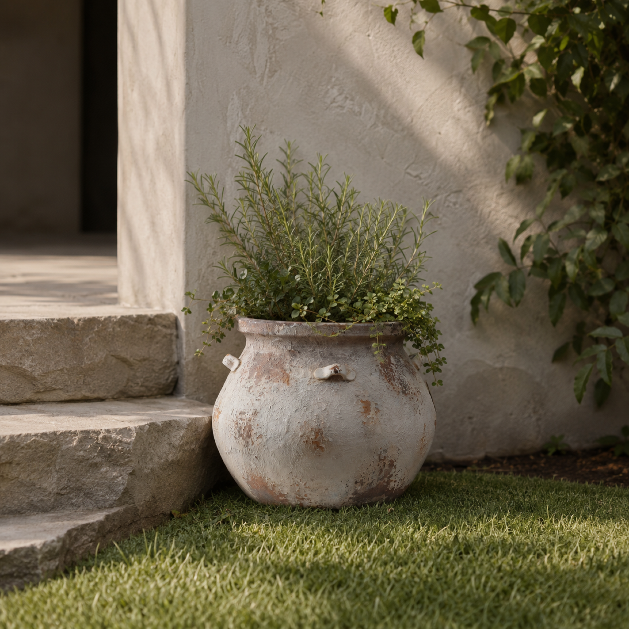 12" Distressed Farmhouse Round Planter Pot, Antique Rustic White