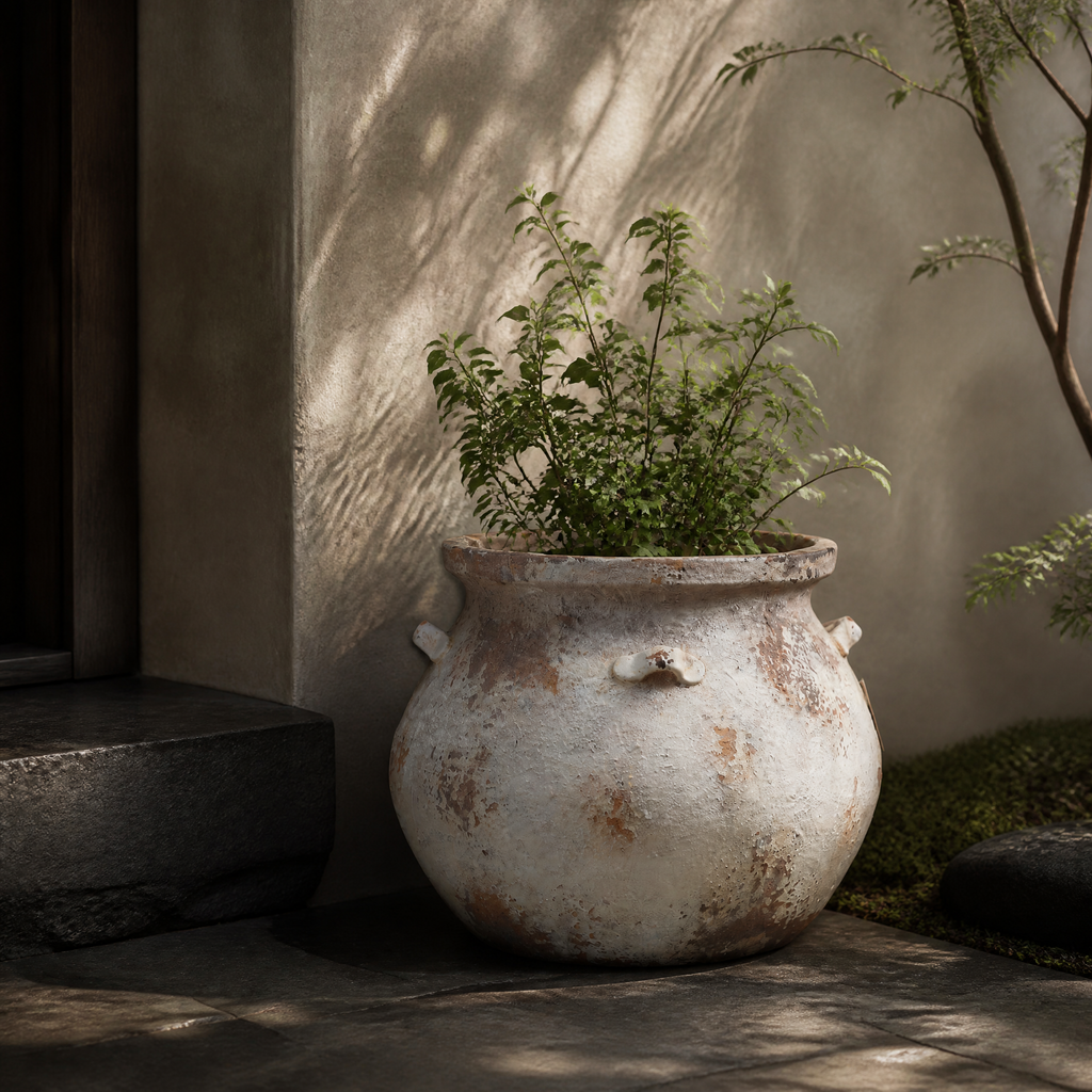 12" Distressed Farmhouse Round Planter Pot, Antique Rustic White