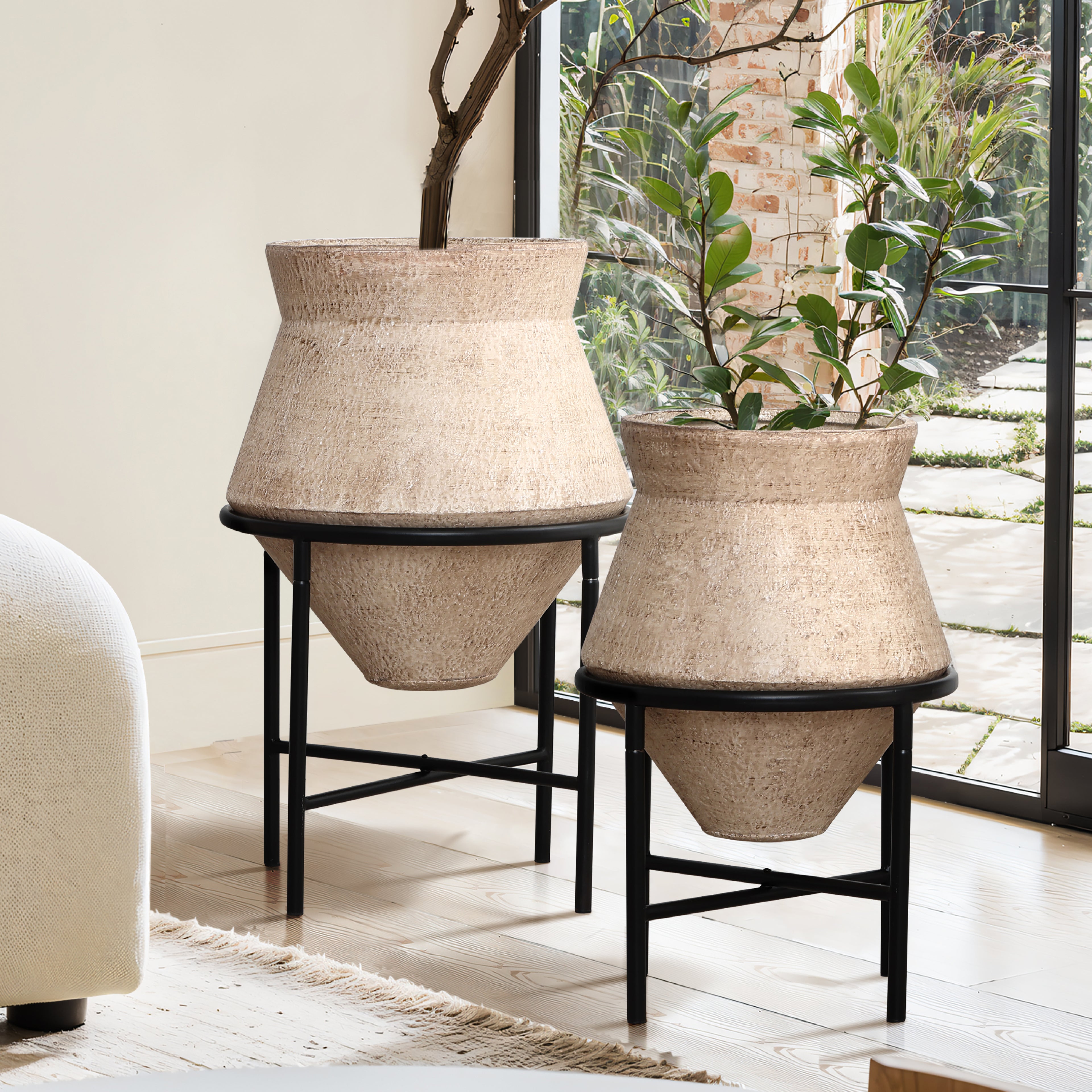 Nordic-Style Iron Plant Stand Set with Ceramic Pots – Modern Minimalist Design