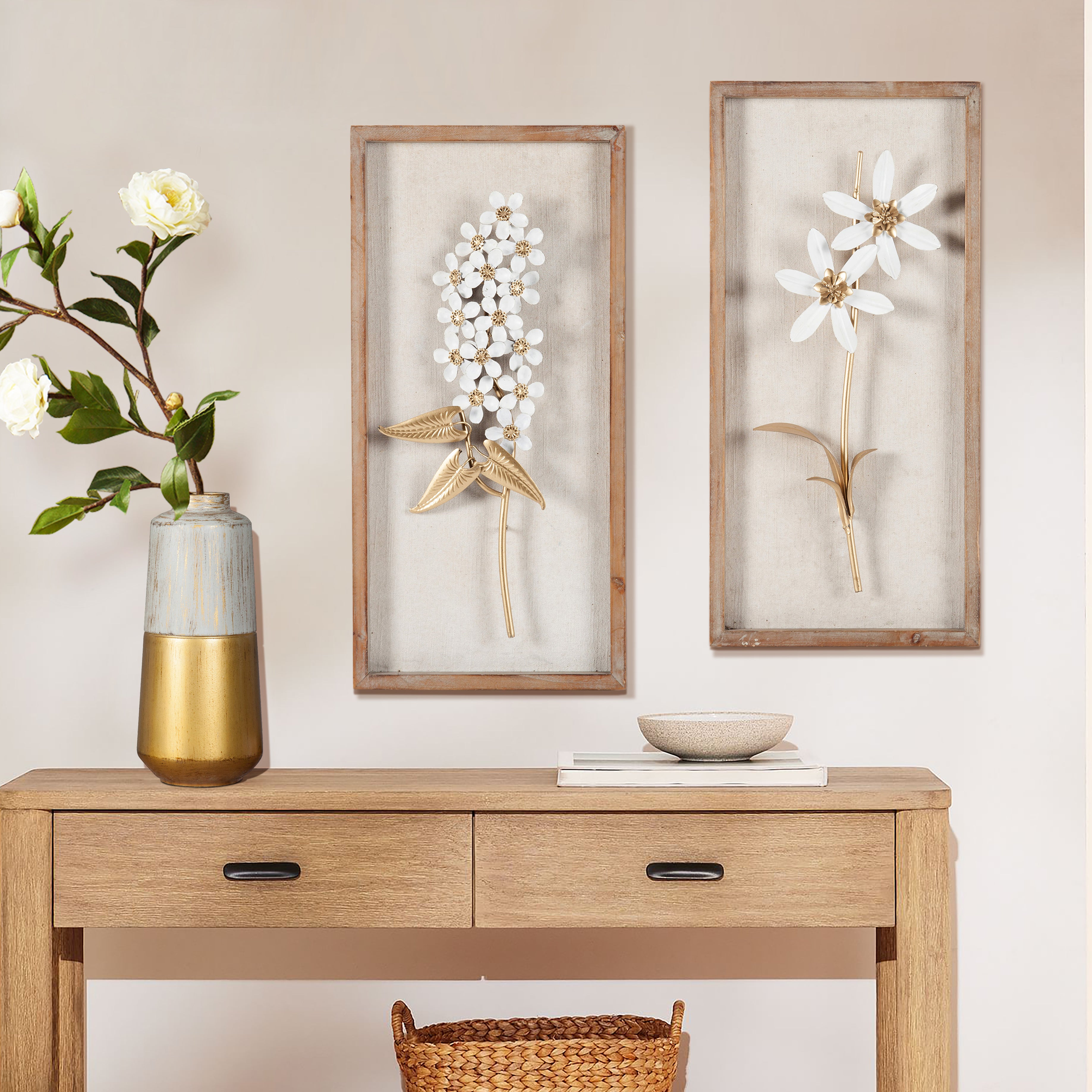 2-Piece White and Gold Flower Bouquet Wall Decor