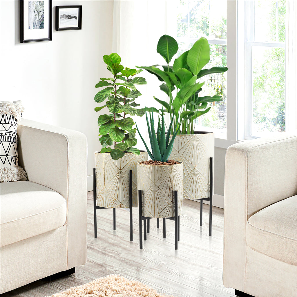 Set of 3 Gray and Gold Metal Cachepot Planters with Black Stand