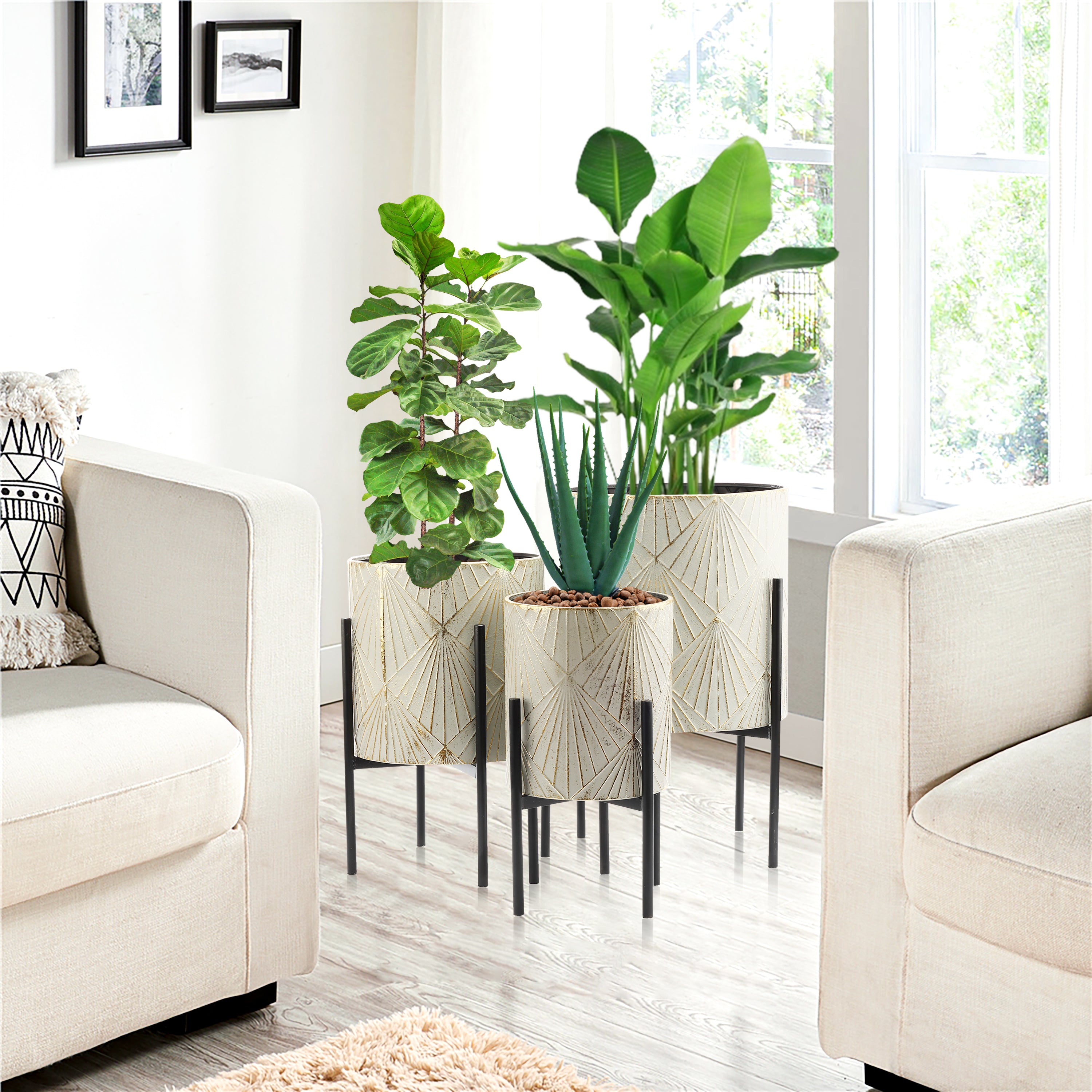 Set of 3 Gray and Gold Metal Cachepot Planters with Black Stand