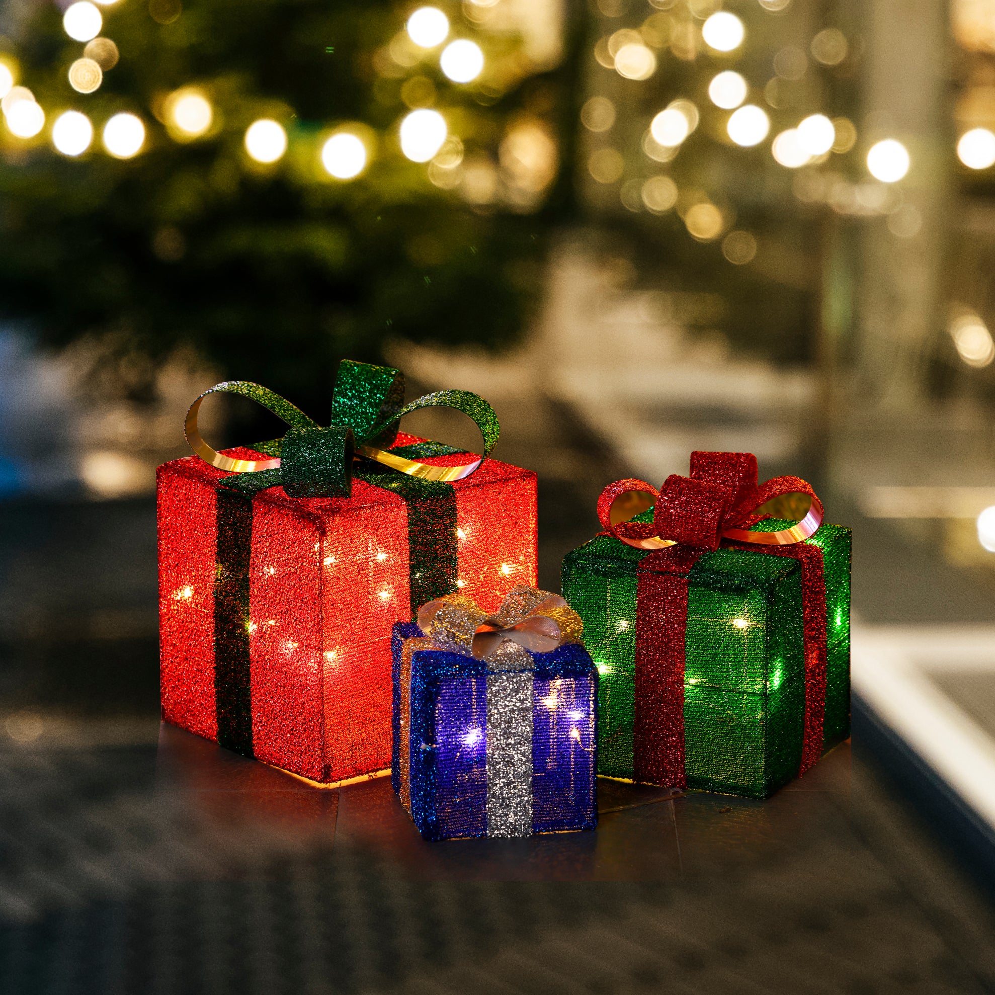 Set of 3 Present Gift Boxes with Bows Lighted Holiday Decoration