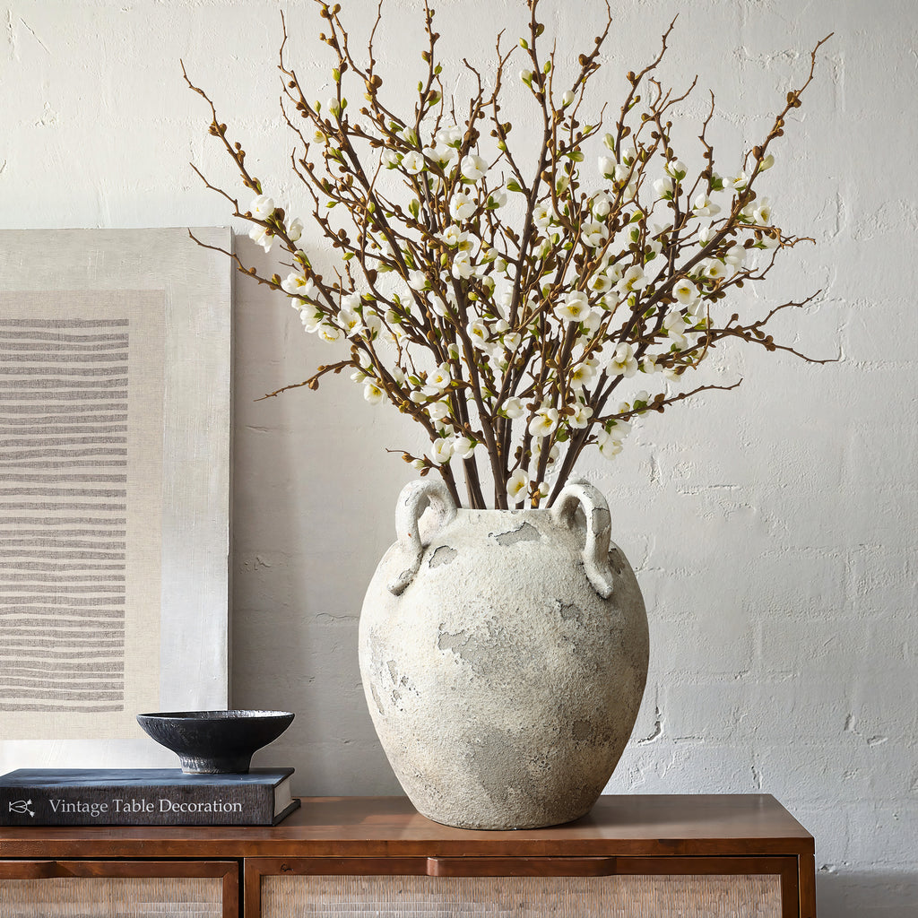 Rustic Gray and White Terracotta 10-Inch Round Vase with Handles