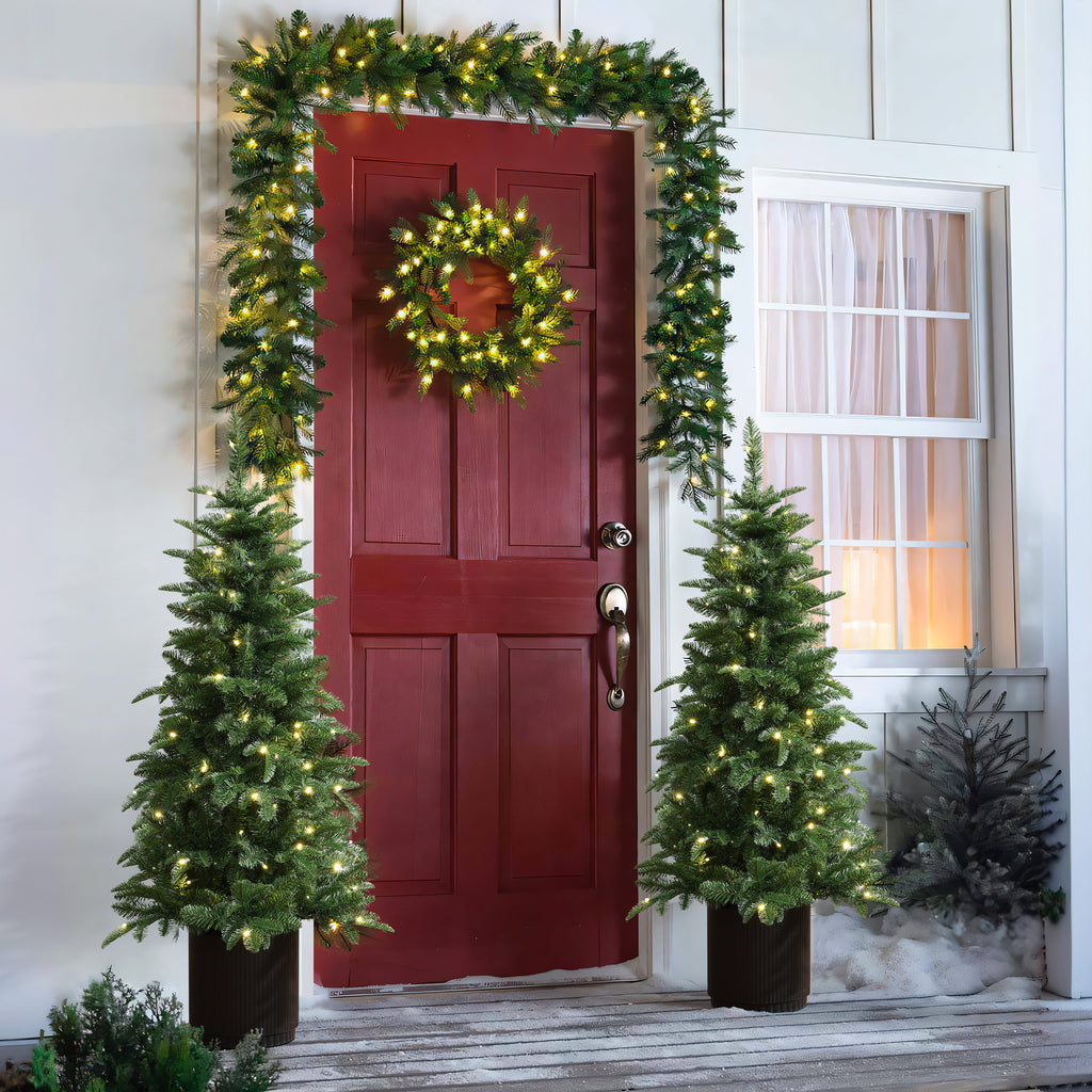 Pre-Lit Artificial Christmas Tree with Warm LED Lights – Dense Green Pine Needles, Black Pot, Easy Setup