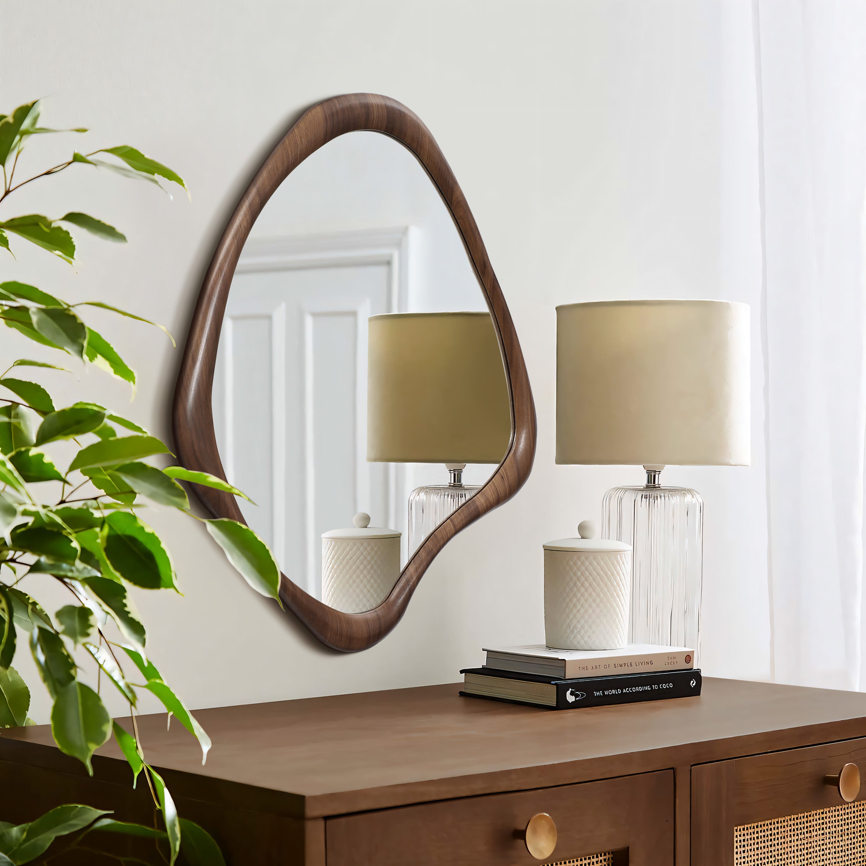 Walnut Wood Framed Irregular Shaped Decorative Mirror