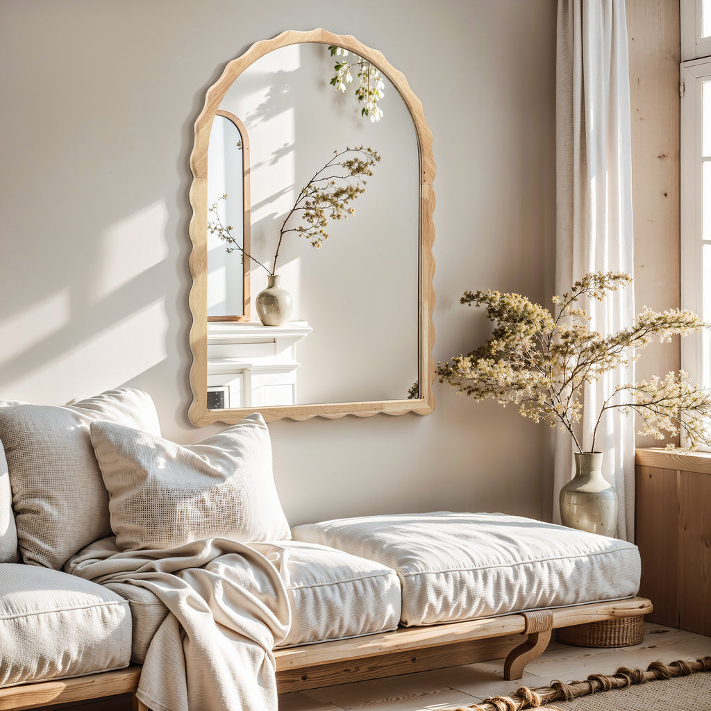 34-Inch Tall Arch Natural Rubberwood Scalloped Frame Wall Mirror