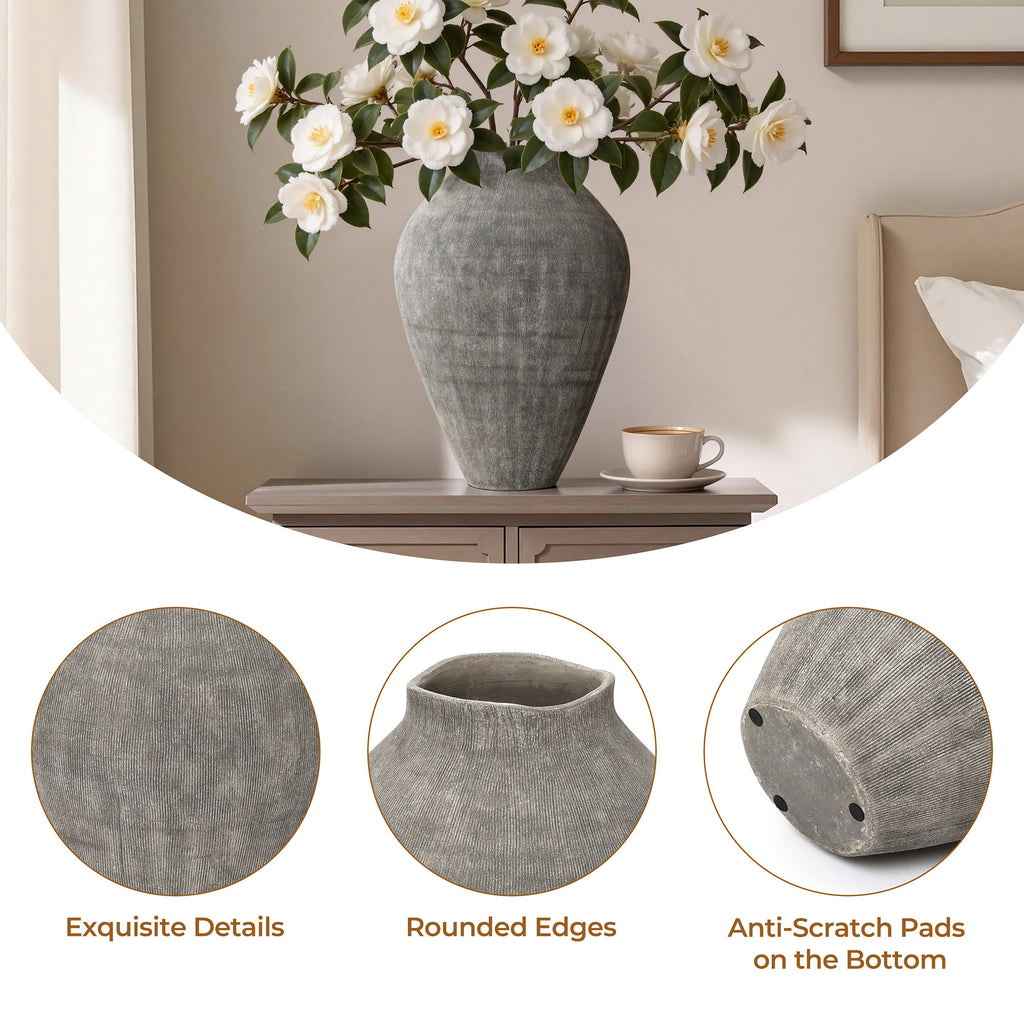 Tall Ribbed Terracotta Vase, Weathered Charcoal, 16"