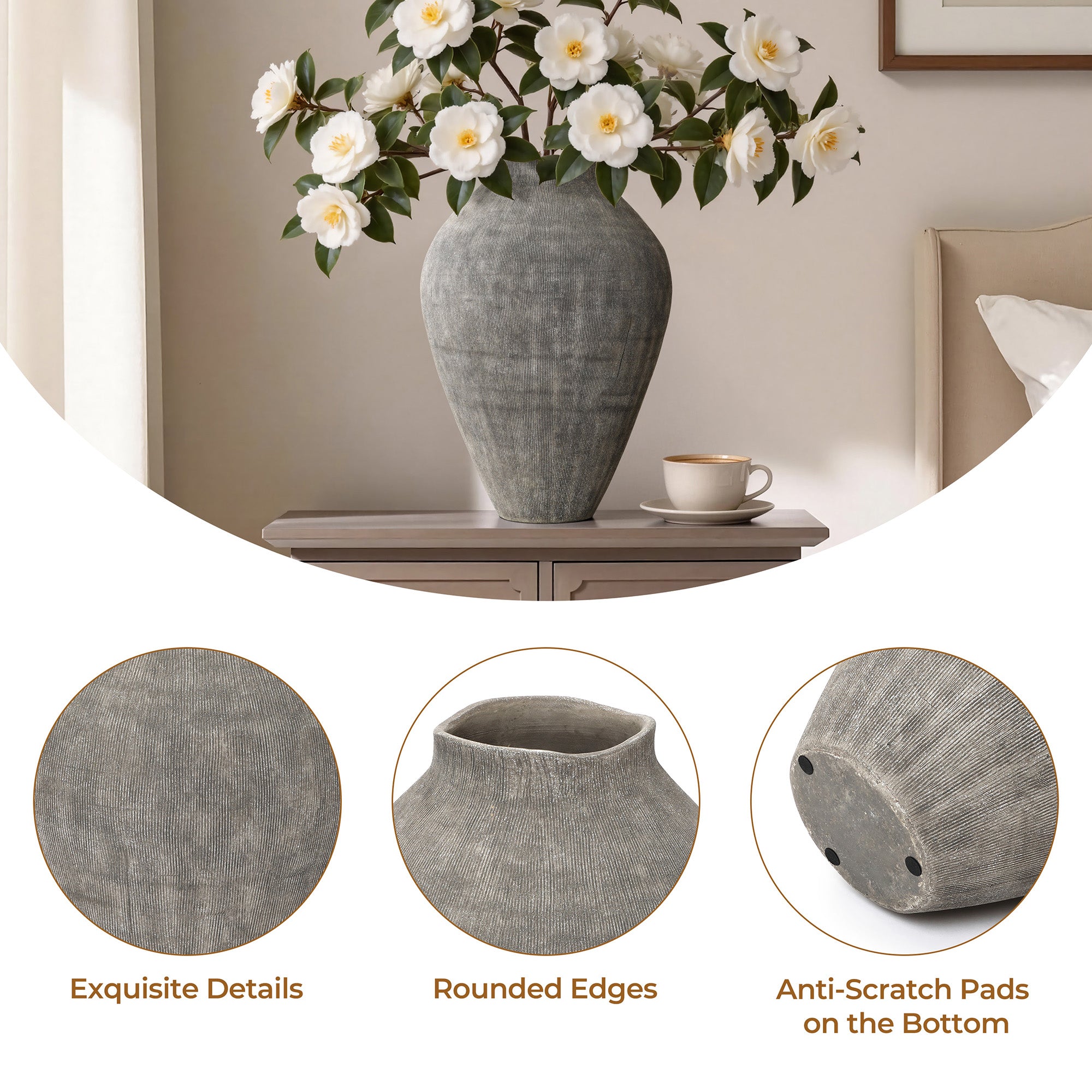 Tall Ribbed Terracotta Vase, Weathered Charcoal, 16"