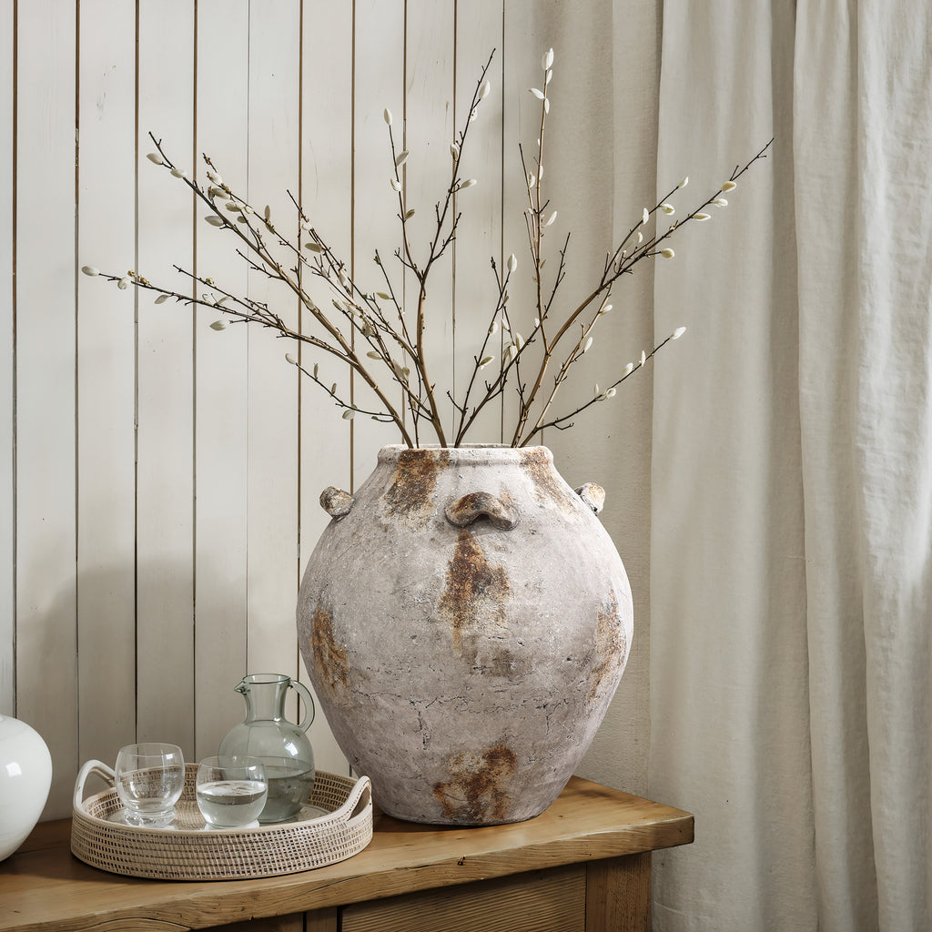 Mottled Brown and White Terracotta 12-Inch Tall Jug Vase with Handles