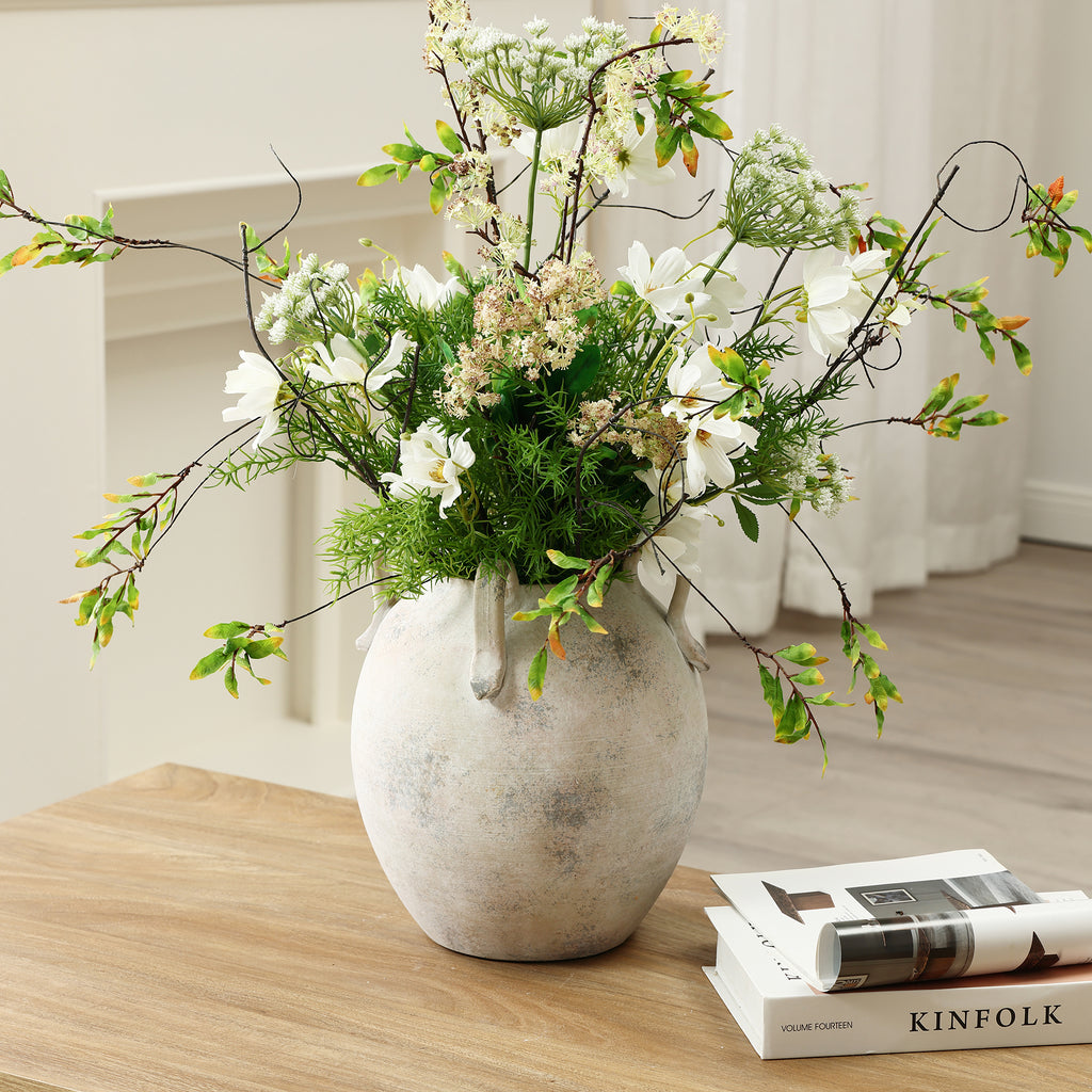 Multi Gray and White Terracotta 11-Inch Tall Vase with Handles