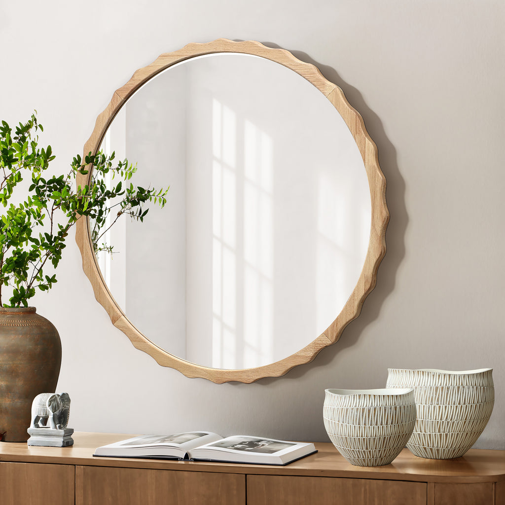 31.5-Inch Round Natural Rubberwood Scalloped Frame Wall Mirror