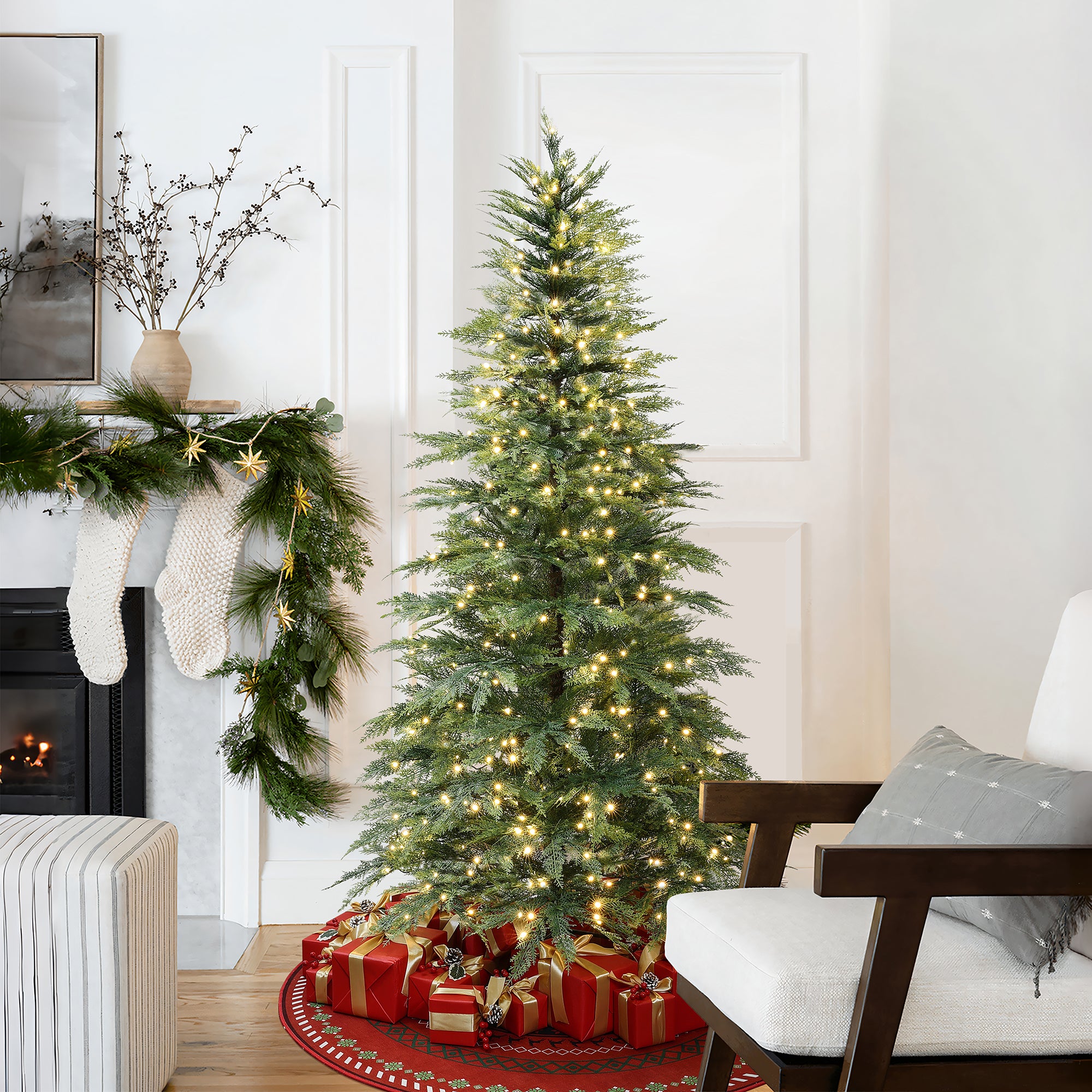 6.5Ft Pre-Lit Green Cypress Artificial Christmas Tree with Metal Stand