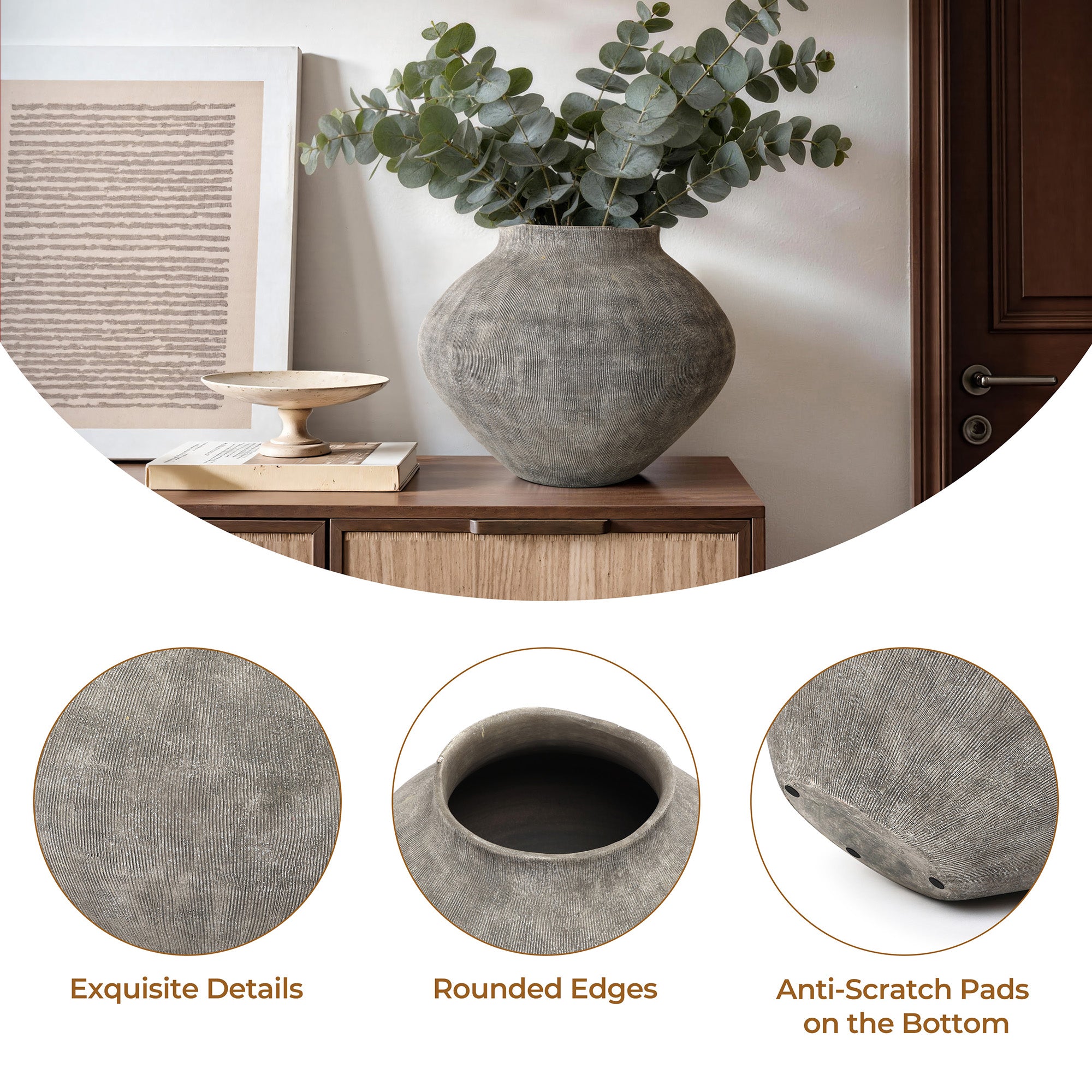 Ribbed Terracotta Vase, Rustic Gray, 10"