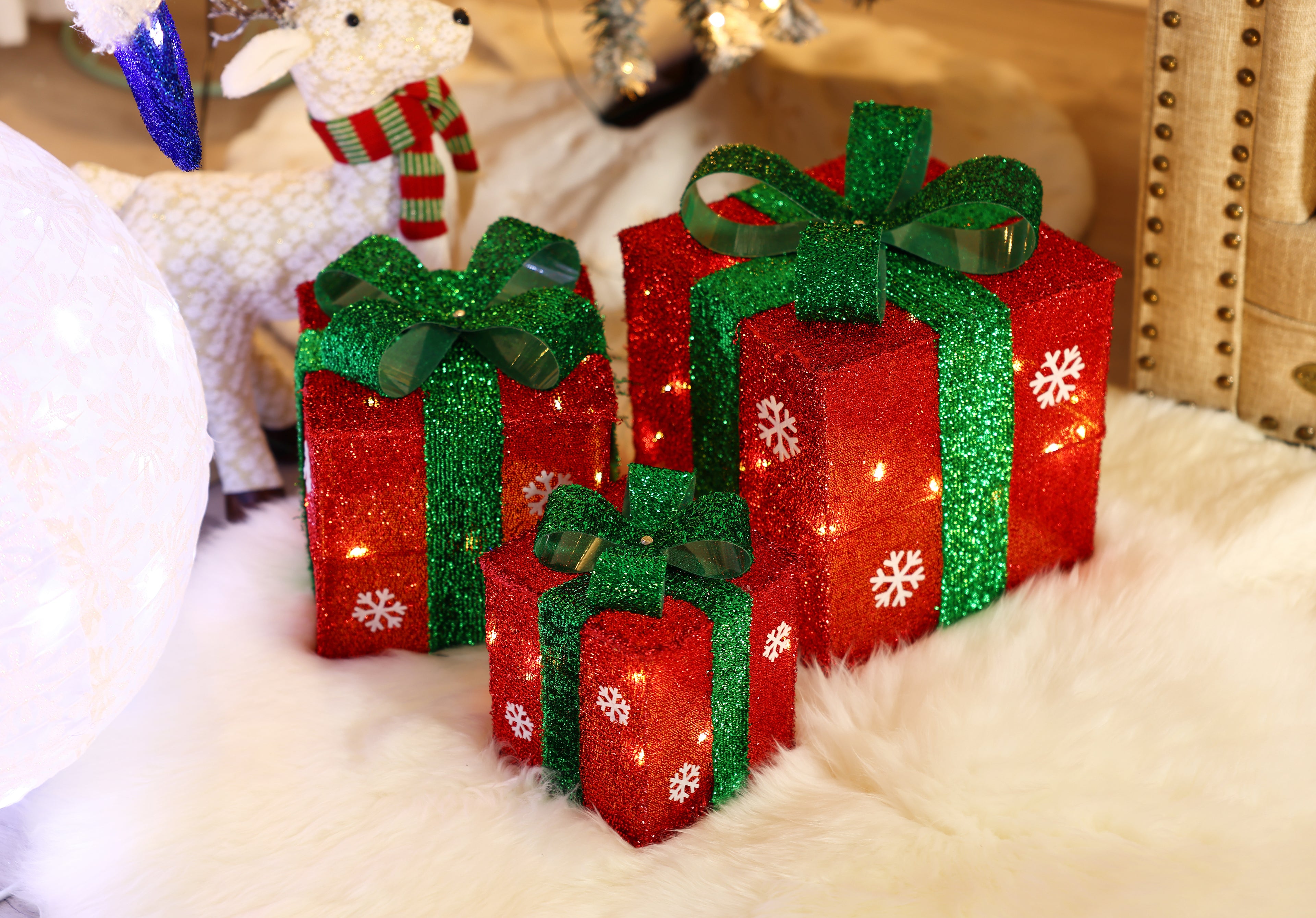 Set of 3 Red and Green Gift Boxes with Bows Lighted Christmas Yard Decoration