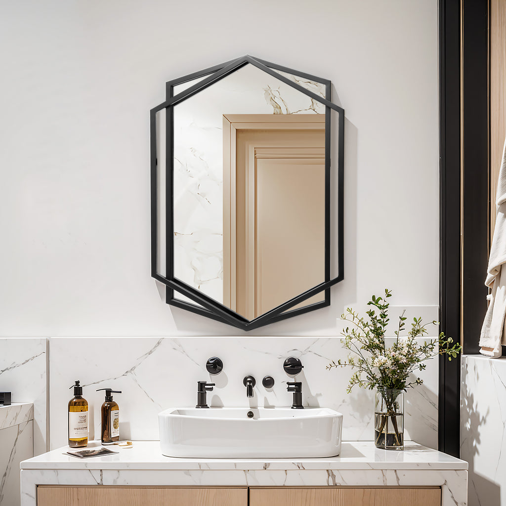 Industrial Iron Framed Geometric Mirror – Modern Multi-Sided Design