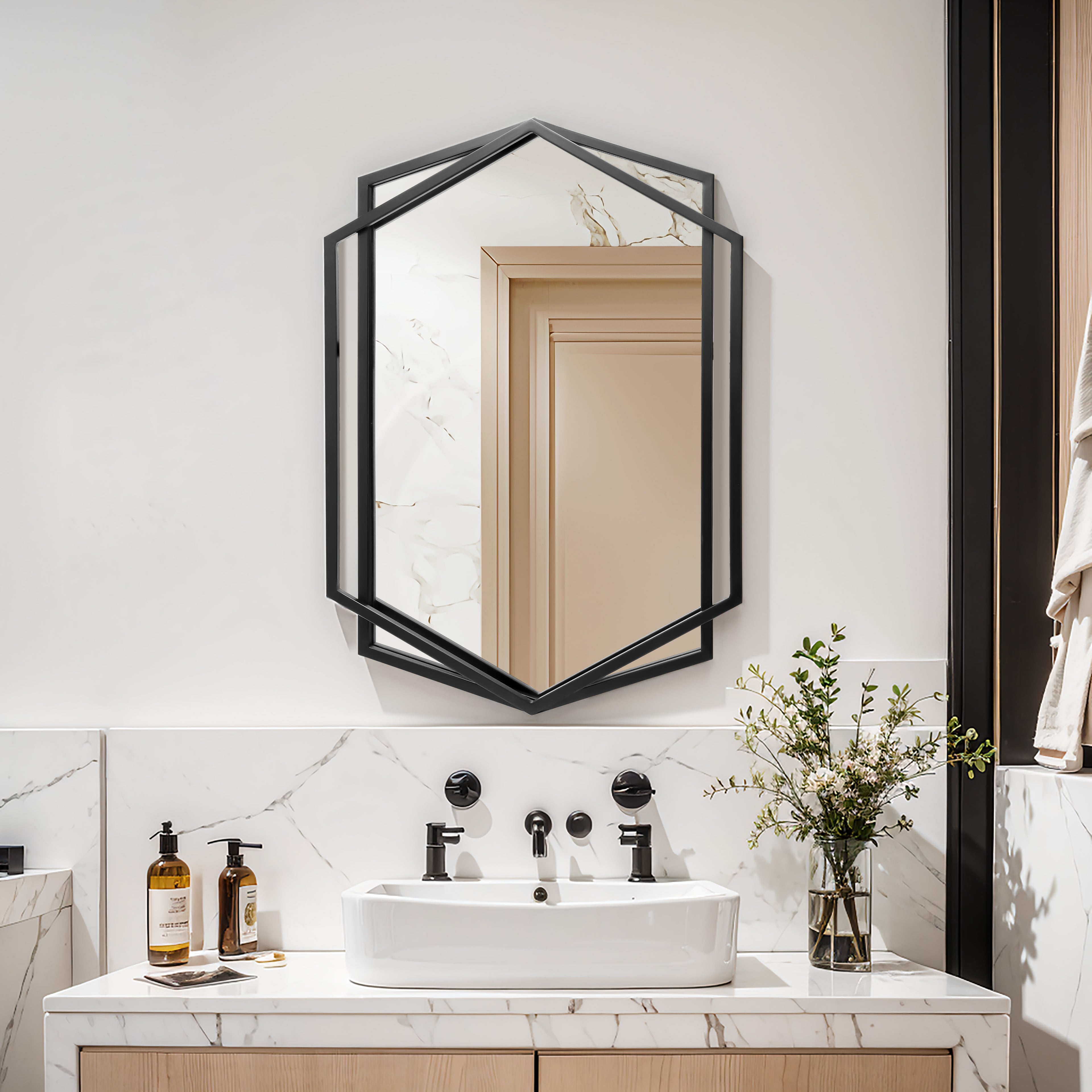 Industrial Iron Framed Geometric Mirror – Modern Multi-Sided Design