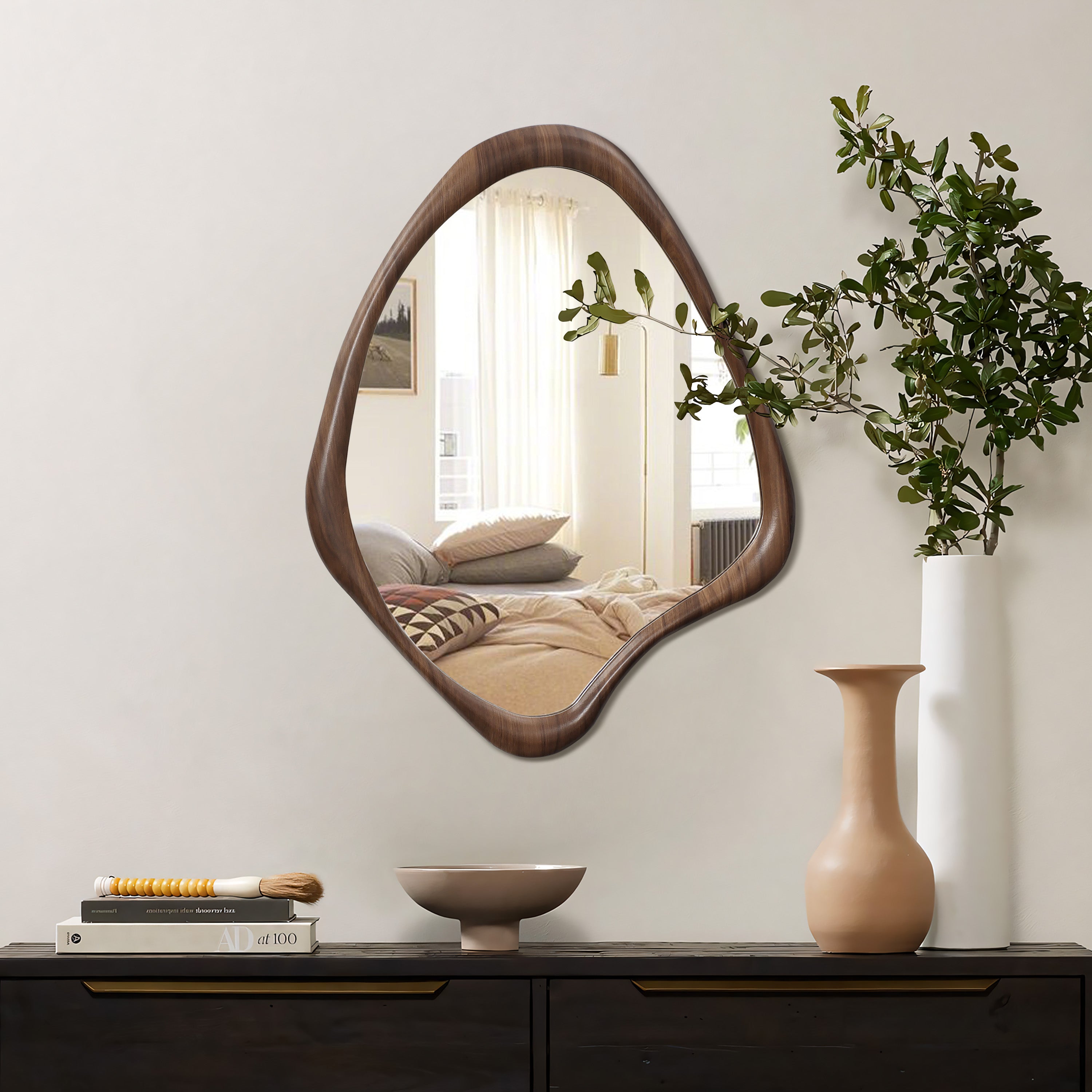 Walnut Wood Framed Irregular Shaped Decorative Mirror
