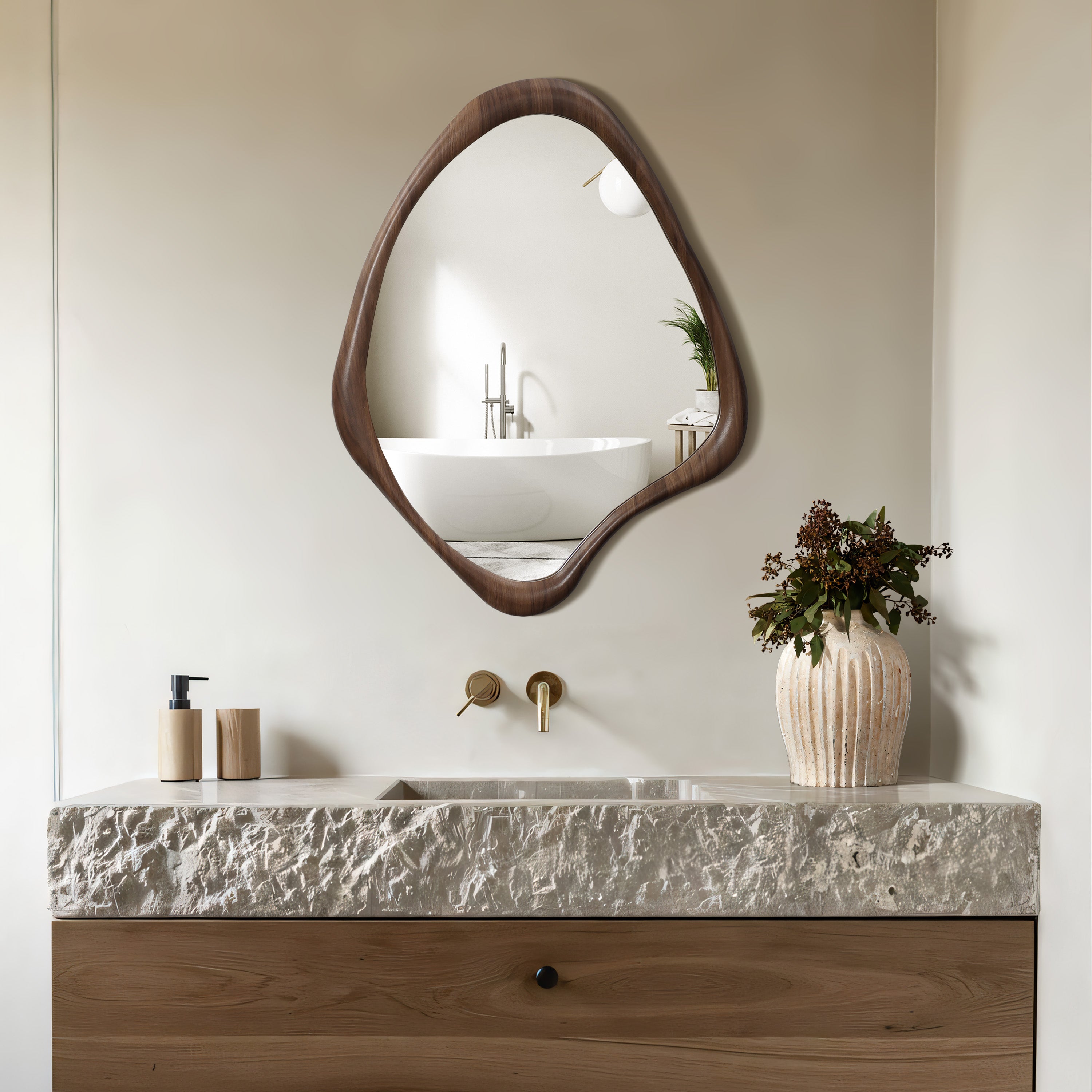 Walnut Wood Framed Irregular Shaped Decorative Mirror